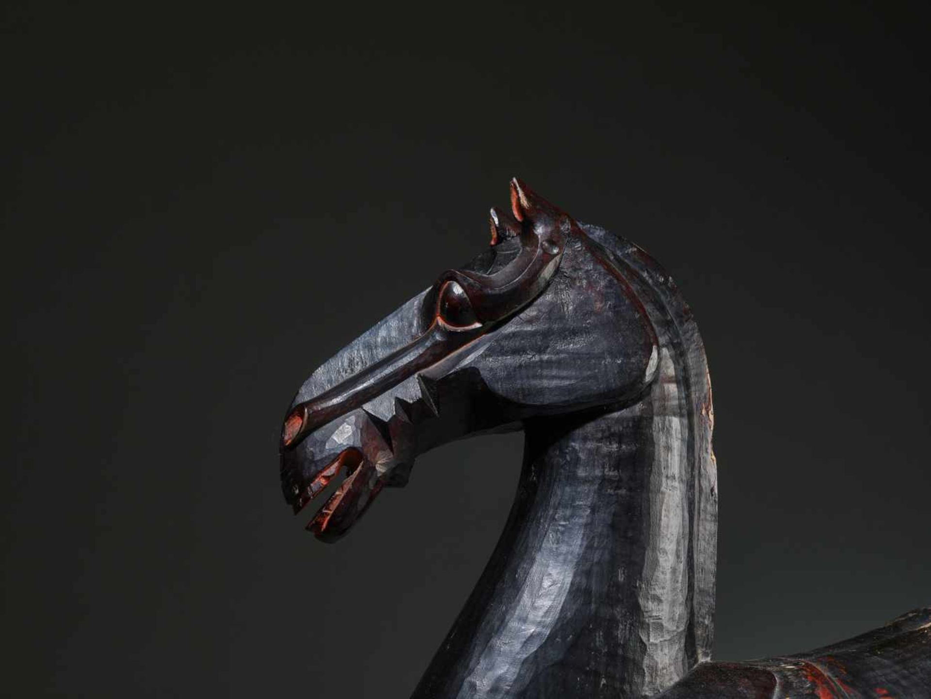 A LARGE AND MASSIVE LACQUERED WOOD STATUE OF A HORSE, SICHUAN, HAN DYNASTY Carved of two jointed - Image 13 of 15