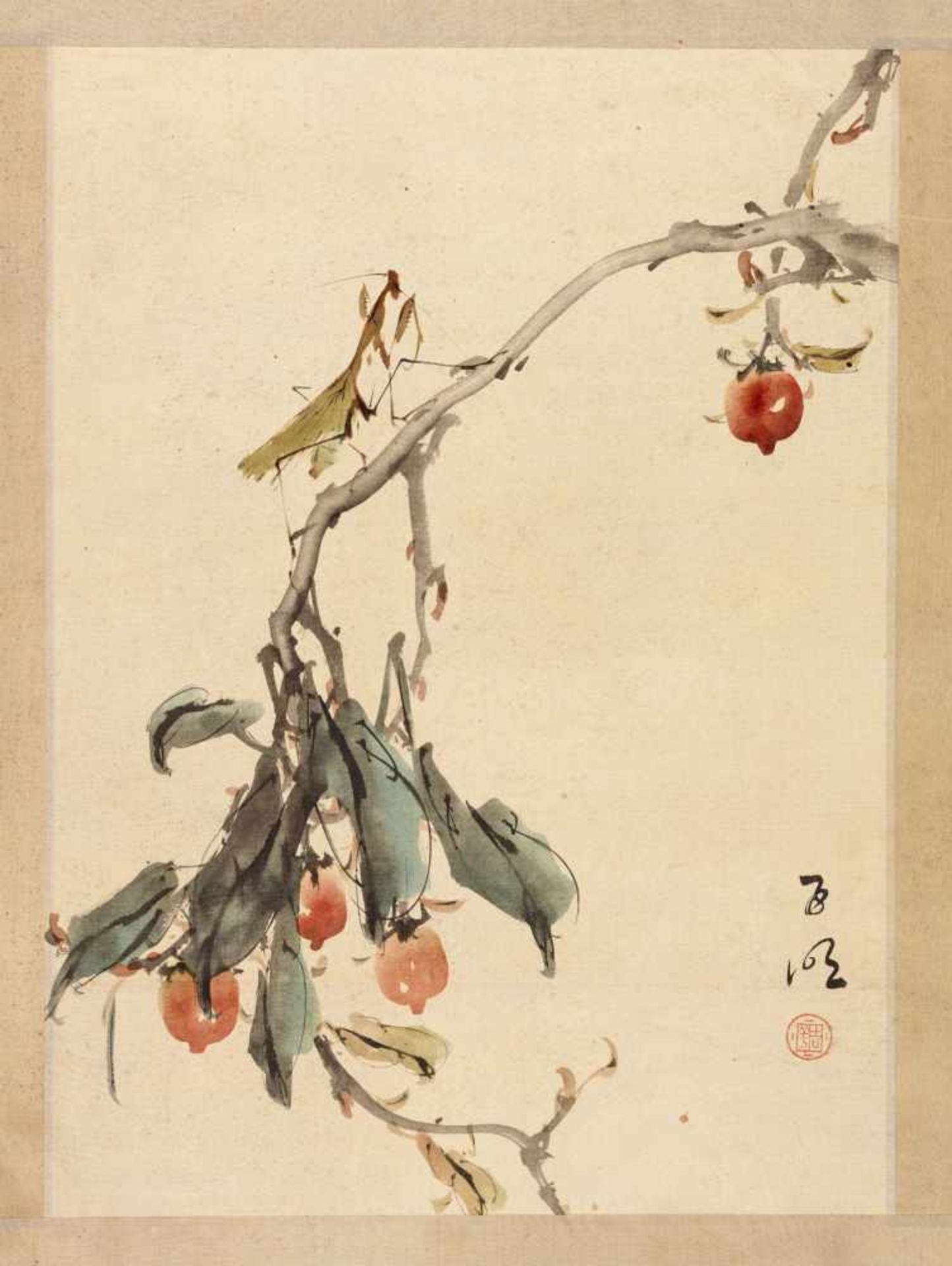 A PAINTING WITH A MANTIS ON A FRUITING BRANCH OF POMEGRANATEInk and colors on paper. Japan, 19th