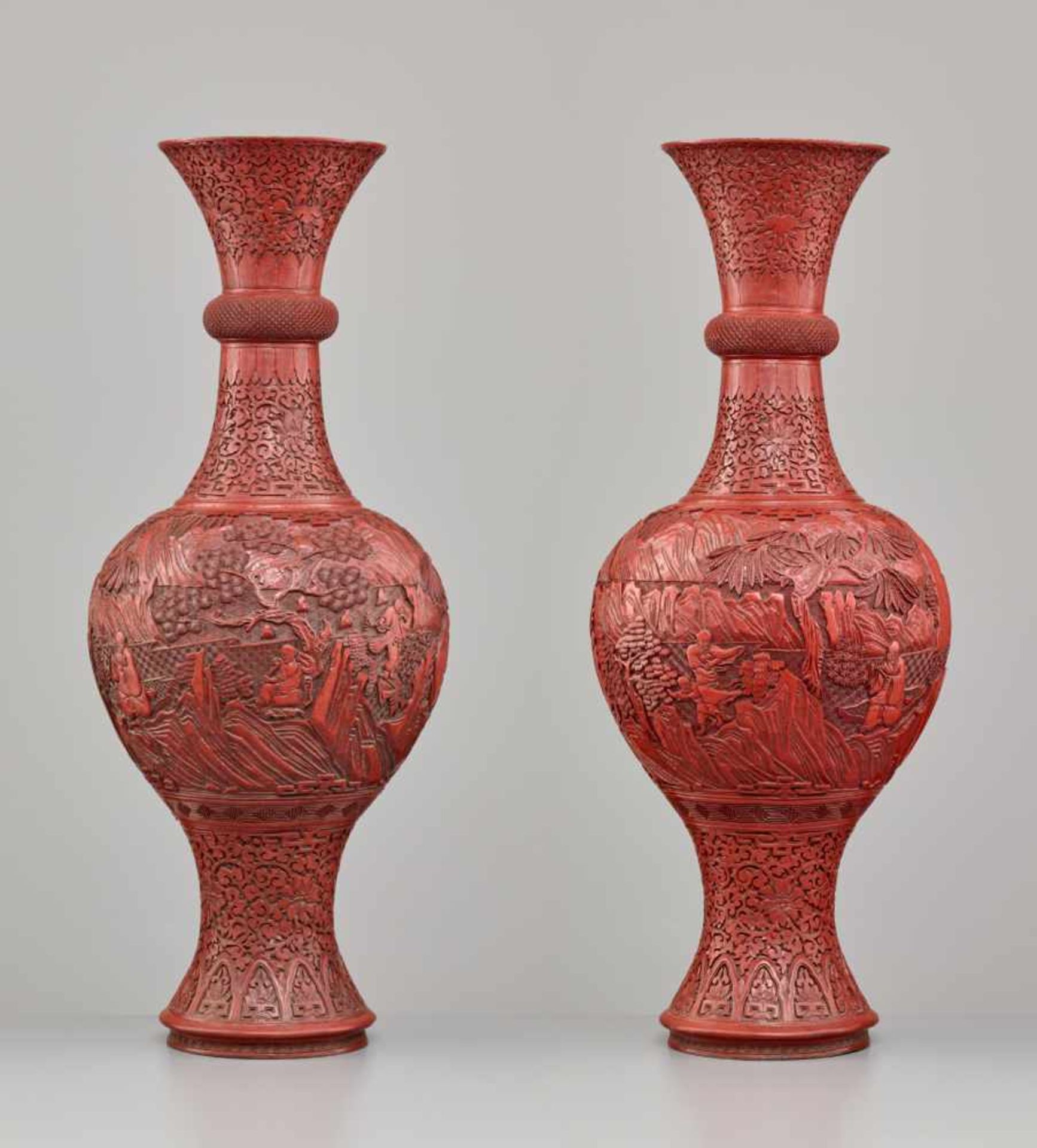 A LARGE PAIR OF CINNABAR LACQUER ‘EIGHT IMMORTALS’ VASES, QING DYNASTYThe body entirely covered with - Image 8 of 26