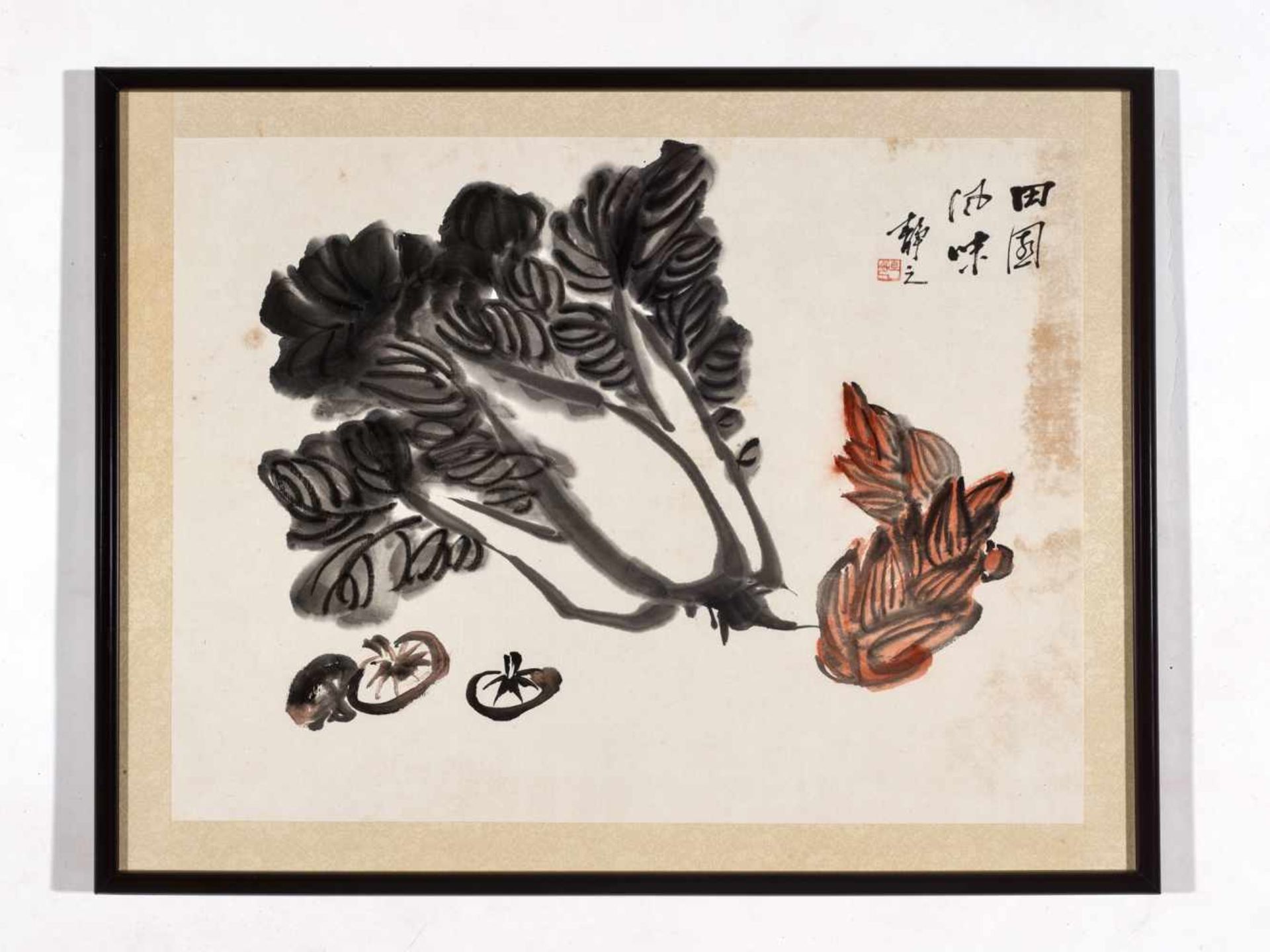 A ‘PAK CHOI, SHITAKE AND BAMBOO SHOOT’ PAINTING BY JING ZHI, 20th CENTURY Ink and color on paper, - Image 2 of 6