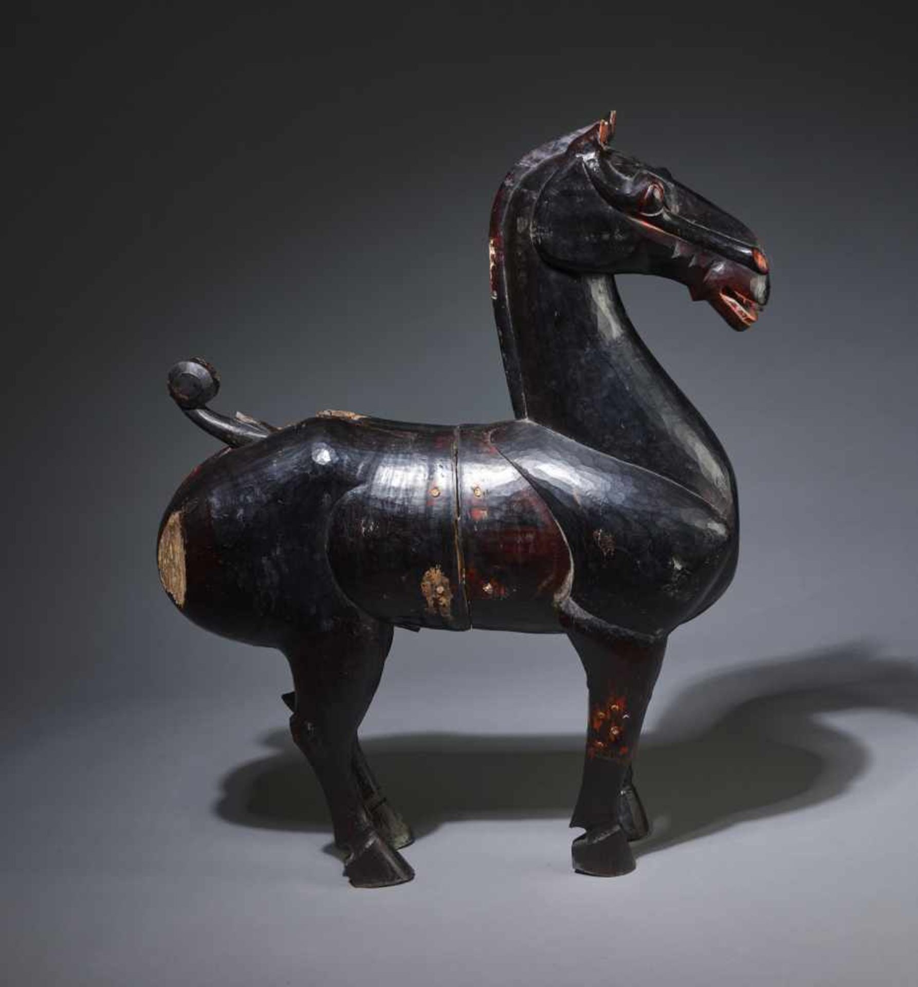 A LARGE AND MASSIVE LACQUERED WOOD STATUE OF A HORSE, SICHUAN, HAN DYNASTY Carved of two jointed - Image 5 of 15