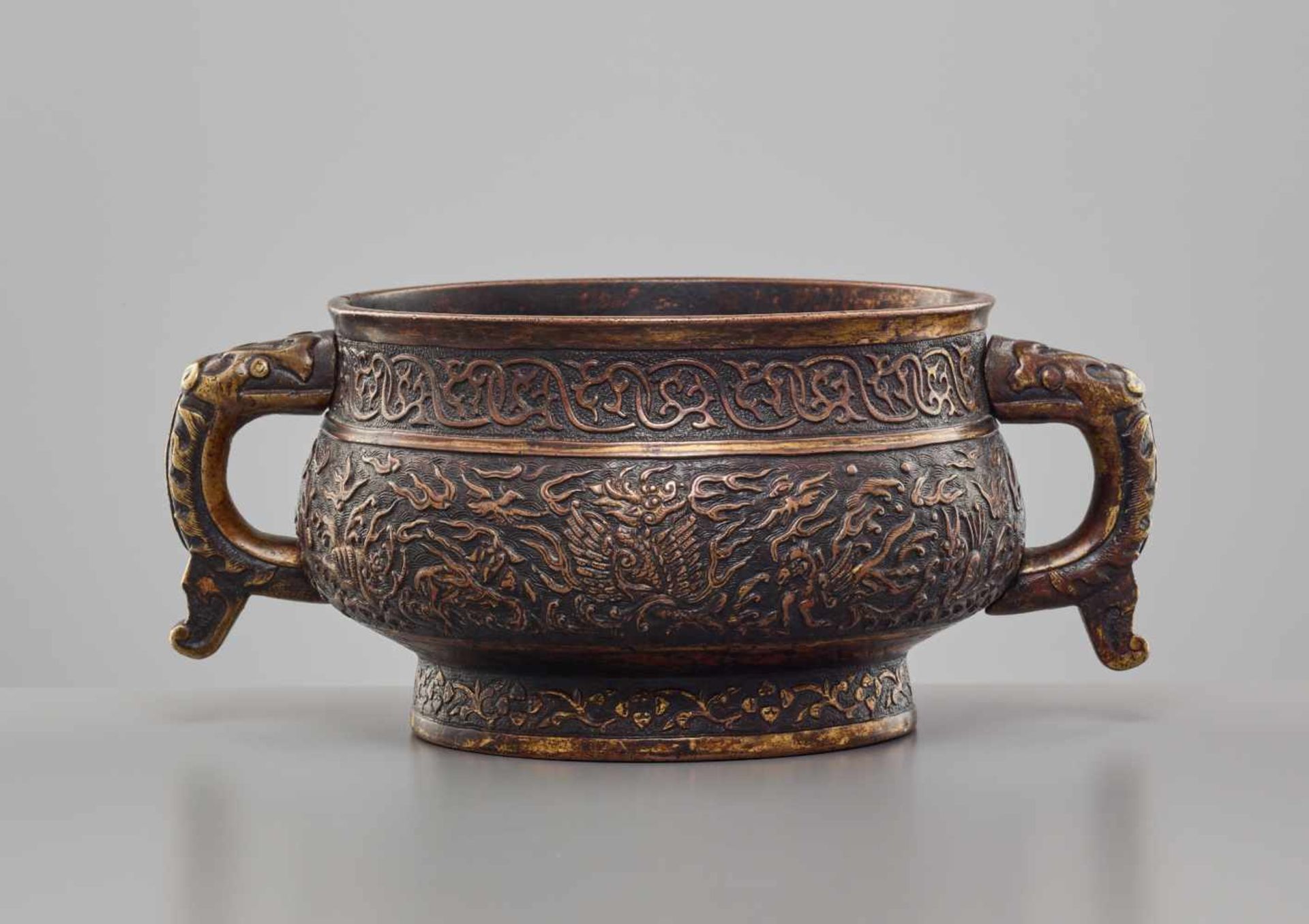 A LARGE PARCEL-GILT BRONZE CENSER, GUI, WANLI PERIOD, HU WENMING MARK THIS LOT IS PUBLISHED in