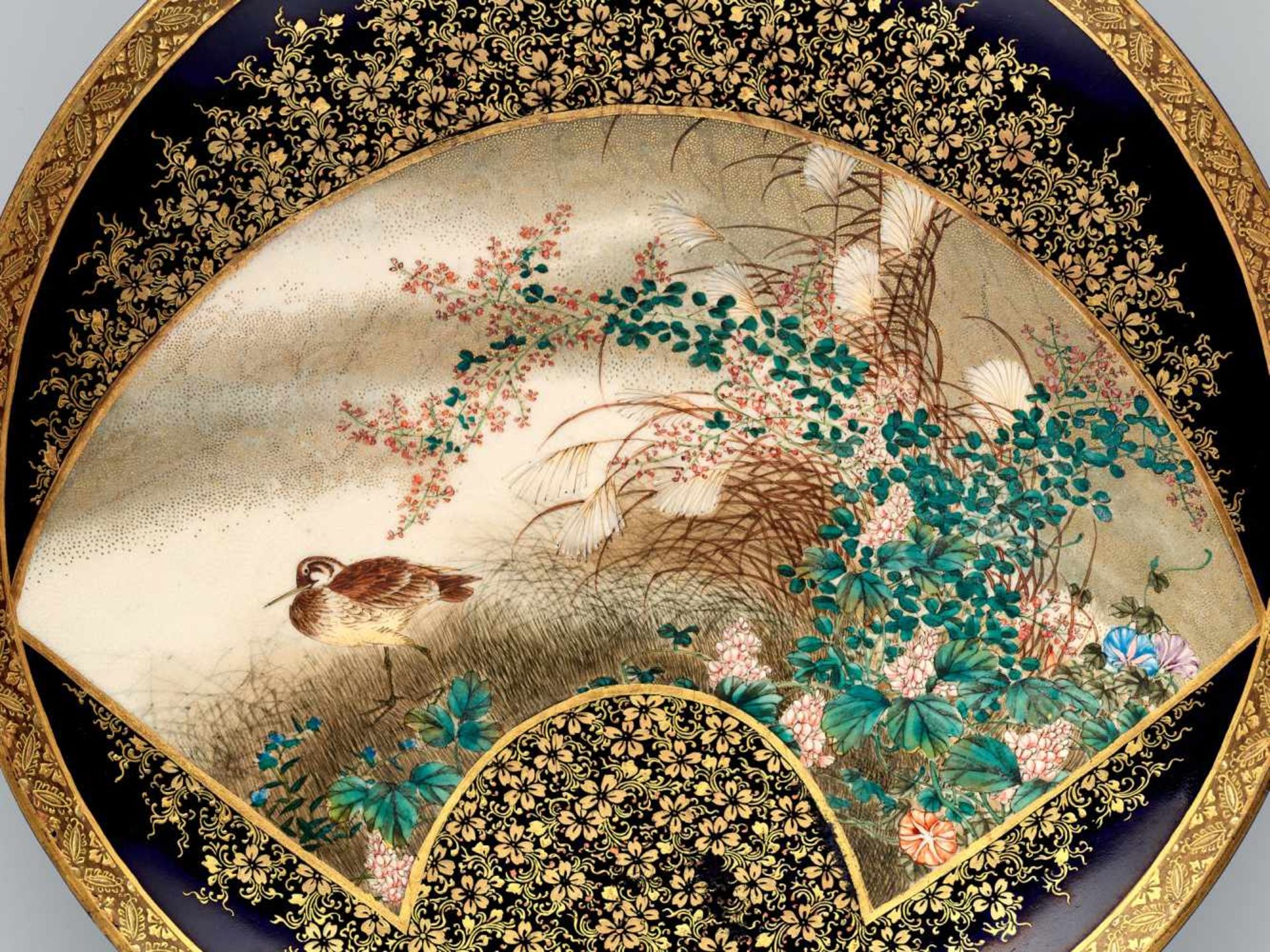 A FINE SATSUMA PLATE BY KINKOZAN DECORATED WITH A SNIPE AMONGST BLOSSOMSSatsuma ceramicJapan, late - Image 2 of 8