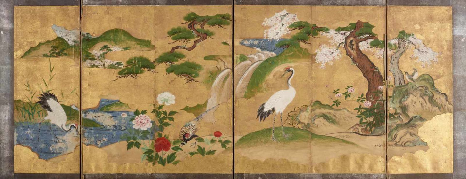 A KANO SCHOOL FOUR PANEL STANDING SCREEN WITH BIRDS AND PINE TREEWood, gold and silver paper, ink