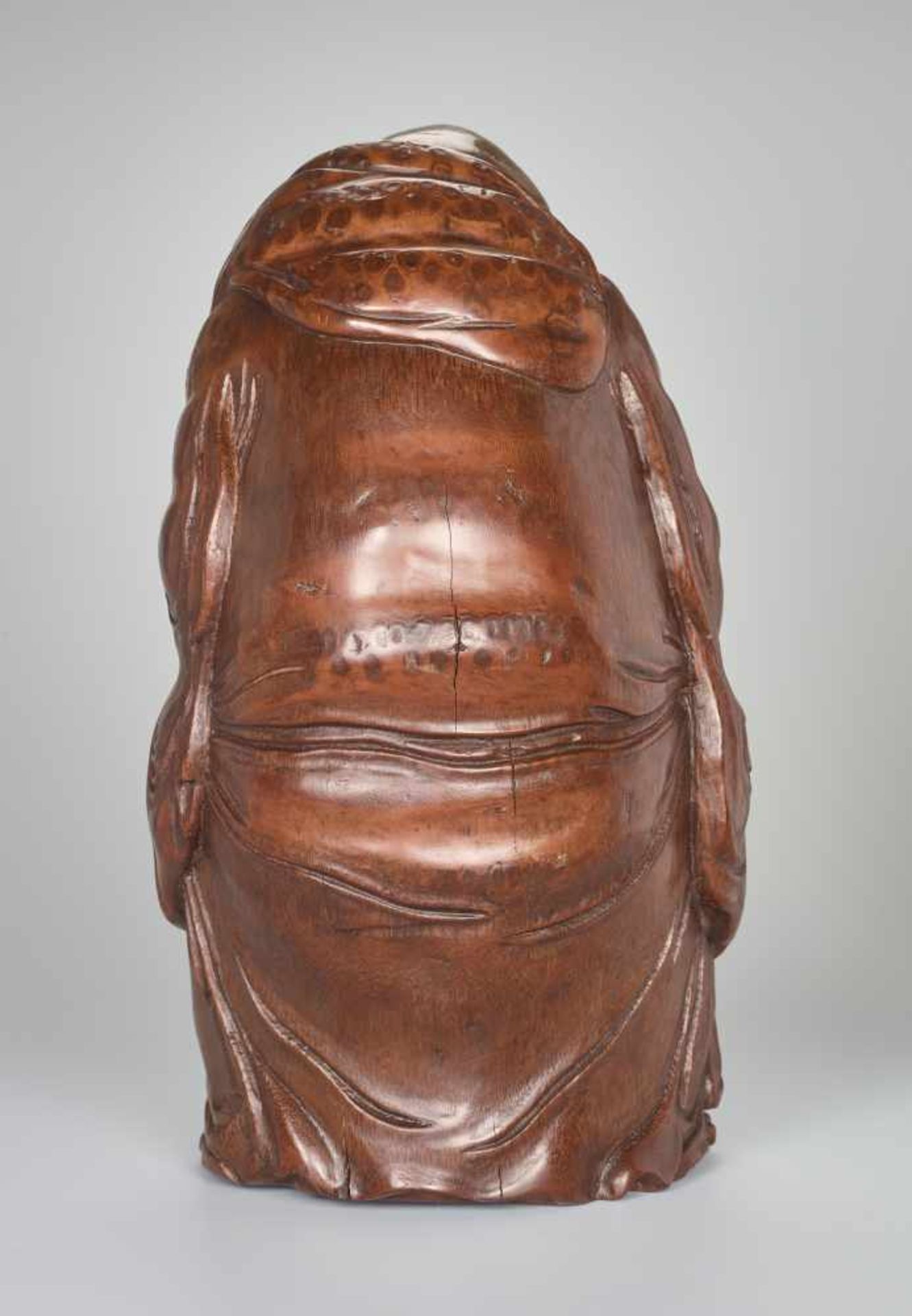 A VERY LARGE BAMBOO SHOOT CARVING OF BUDAI WITH INGOT, QING DYNASTYBamboo root China, Qing Dynasty - Image 8 of 9