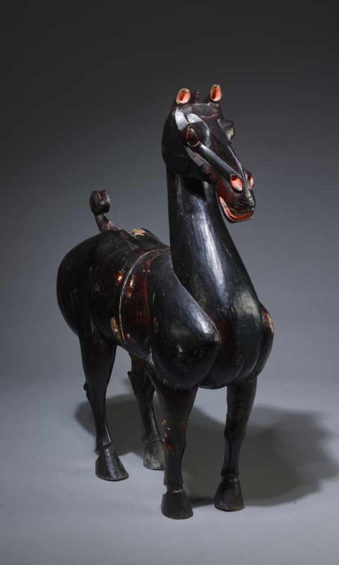 A LARGE AND MASSIVE LACQUERED WOOD STATUE OF A HORSE, SICHUAN, HAN DYNASTY Carved of two jointed - Image 4 of 15