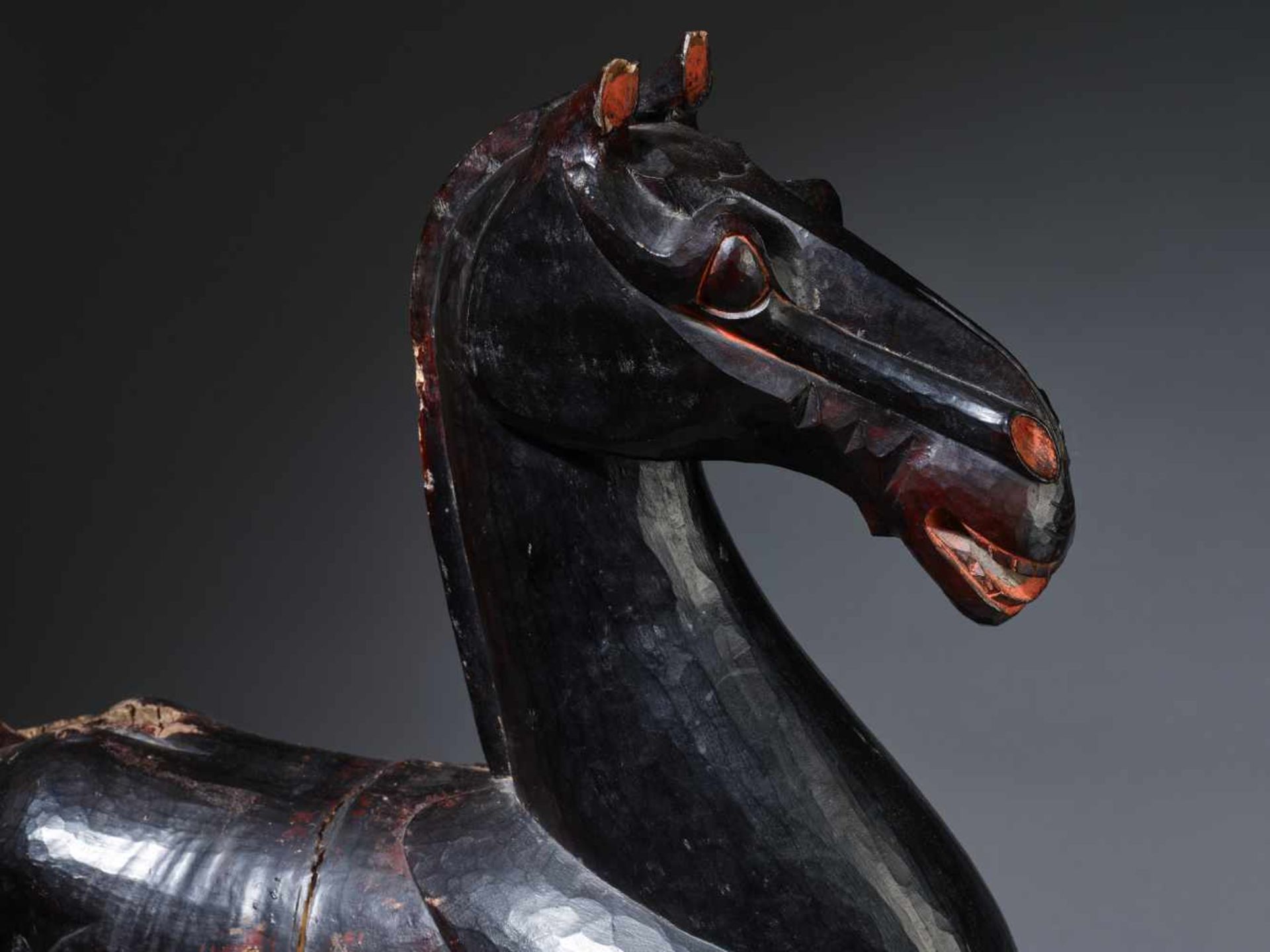 A LARGE AND MASSIVE LACQUERED WOOD STATUE OF A HORSE, SICHUAN, HAN DYNASTY Carved of two jointed - Image 11 of 15