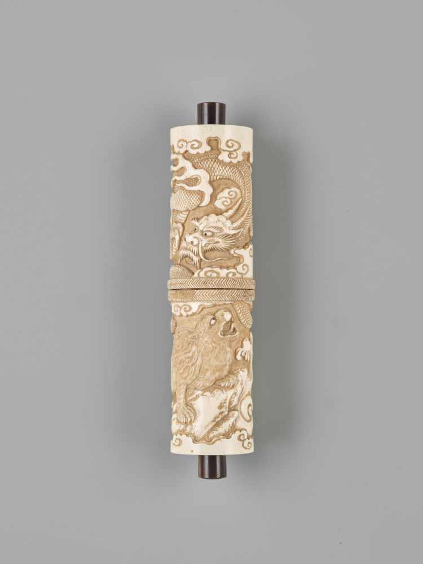 A RARE JAPANESE STAG ANTLER SCROLL CASE FOR A BUDDHIST SUTRA WITH DRAGON AND TIGERStag antler with