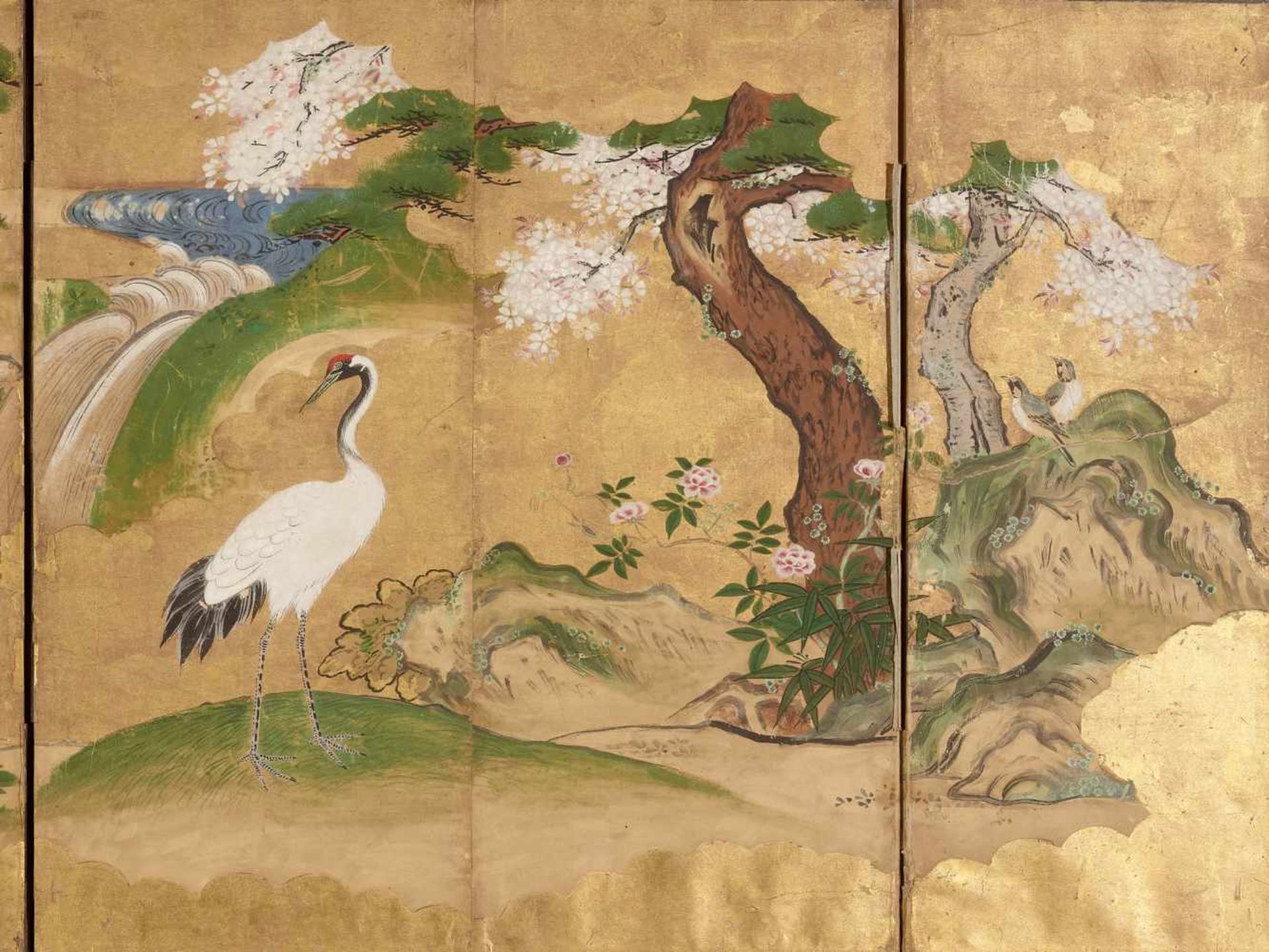 A KANO SCHOOL FOUR PANEL STANDING SCREEN WITH BIRDS AND PINE TREEWood, gold and silver paper, ink - Image 3 of 5