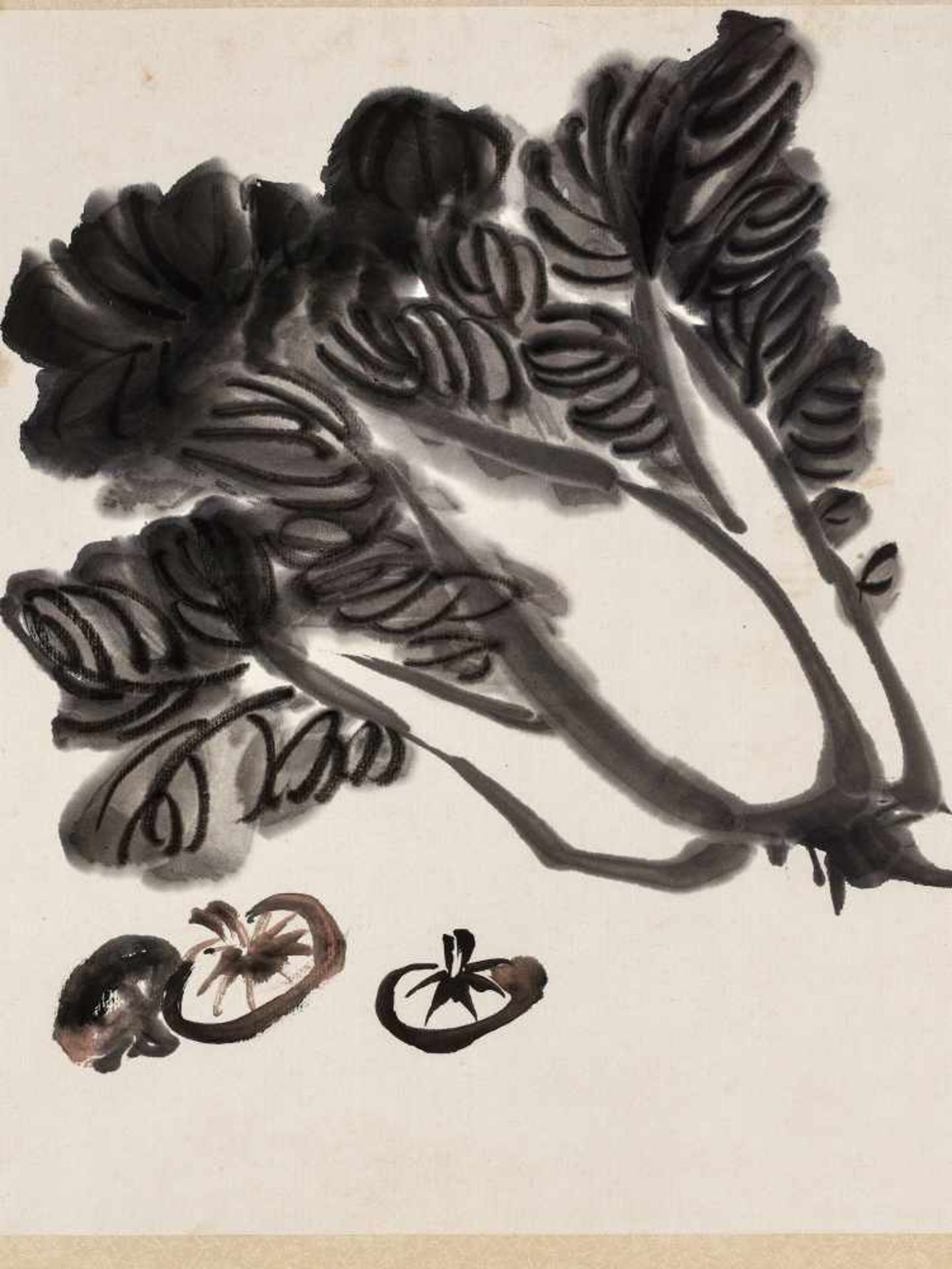 A ‘PAK CHOI, SHITAKE AND BAMBOO SHOOT’ PAINTING BY JING ZHI, 20th CENTURY Ink and color on paper, - Image 4 of 6