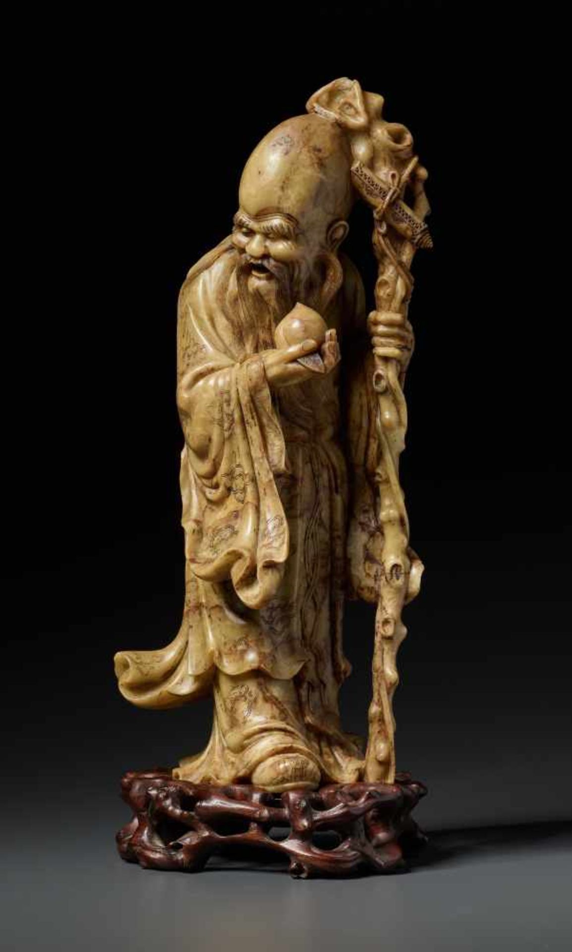 A SOAPSTONE FIGURE OF SHOULAO, QING DYNASTY, 19TH CENTURYThe beige stone finished with a refined - Image 8 of 9