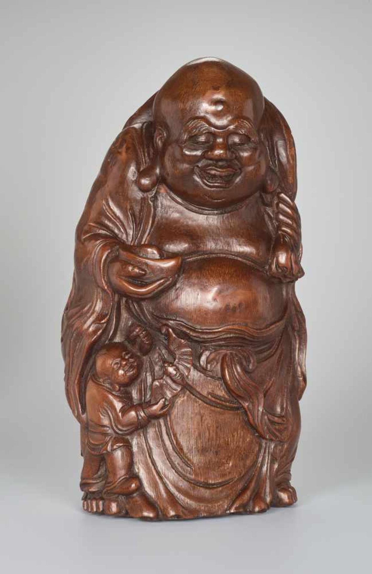 A VERY LARGE BAMBOO SHOOT CARVING OF BUDAI WITH INGOT, QING DYNASTYBamboo root China, Qing Dynasty - Image 2 of 9