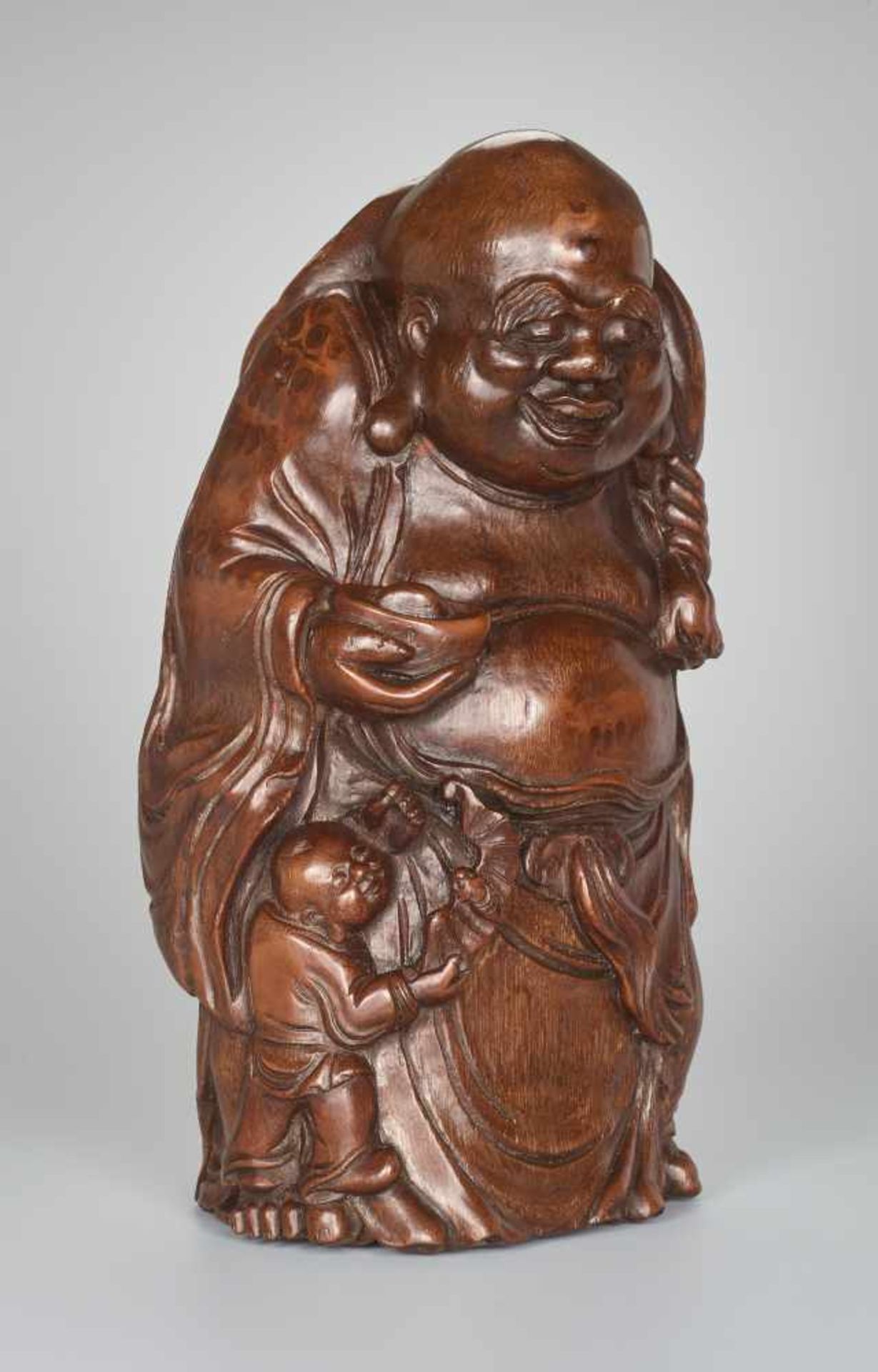 A VERY LARGE BAMBOO SHOOT CARVING OF BUDAI WITH INGOT, QING DYNASTYBamboo root China, Qing Dynasty - Image 5 of 9