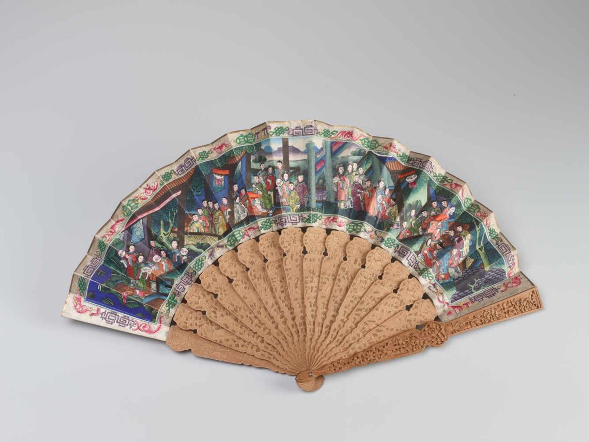 A FINELY HAND PAINTED AND INLAID CANTON SCHOOL FAN IN ORIGINAL LACQUER BOXHand carved wood, hand