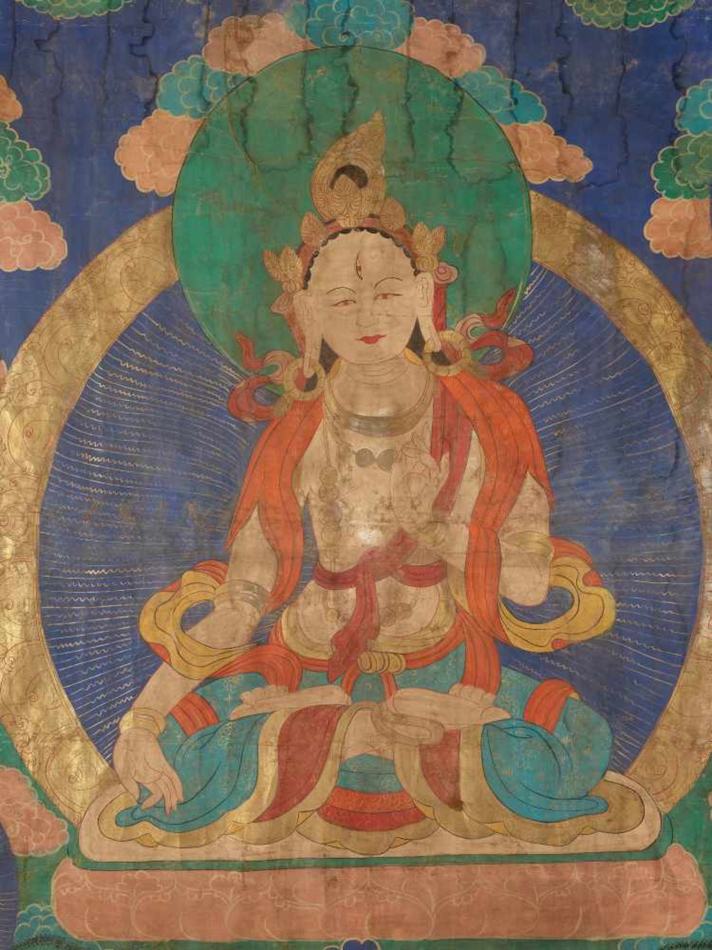 A VERY LARGE TIBETAN THANGKA WITH SITATARA, 19th CENTURY Distemper and gold paint on cloth Tibet, - Image 2 of 6