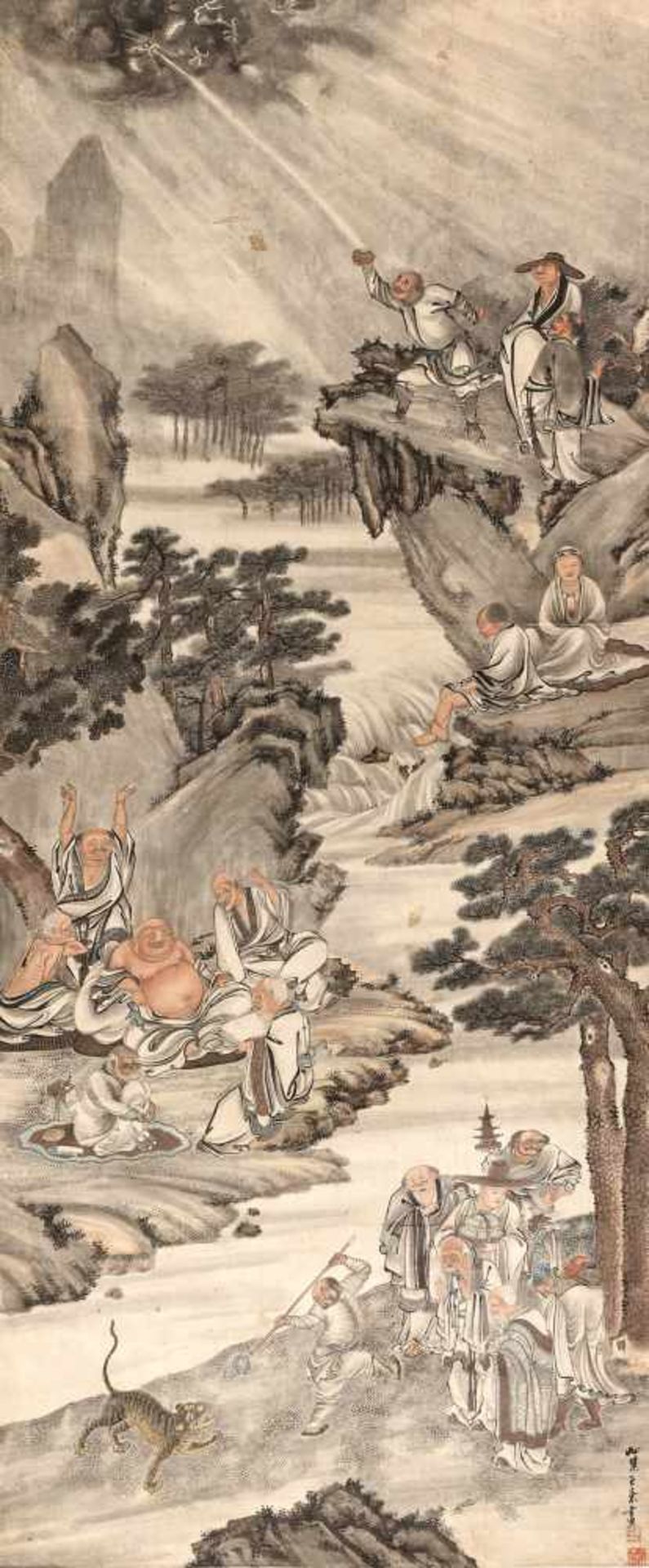 WANG SU (1794 – 1877), LARGE SCROLL PAINTING ‘EIGHTEEN LUOHAN’Wang Su (artist name Xiaomou) – well