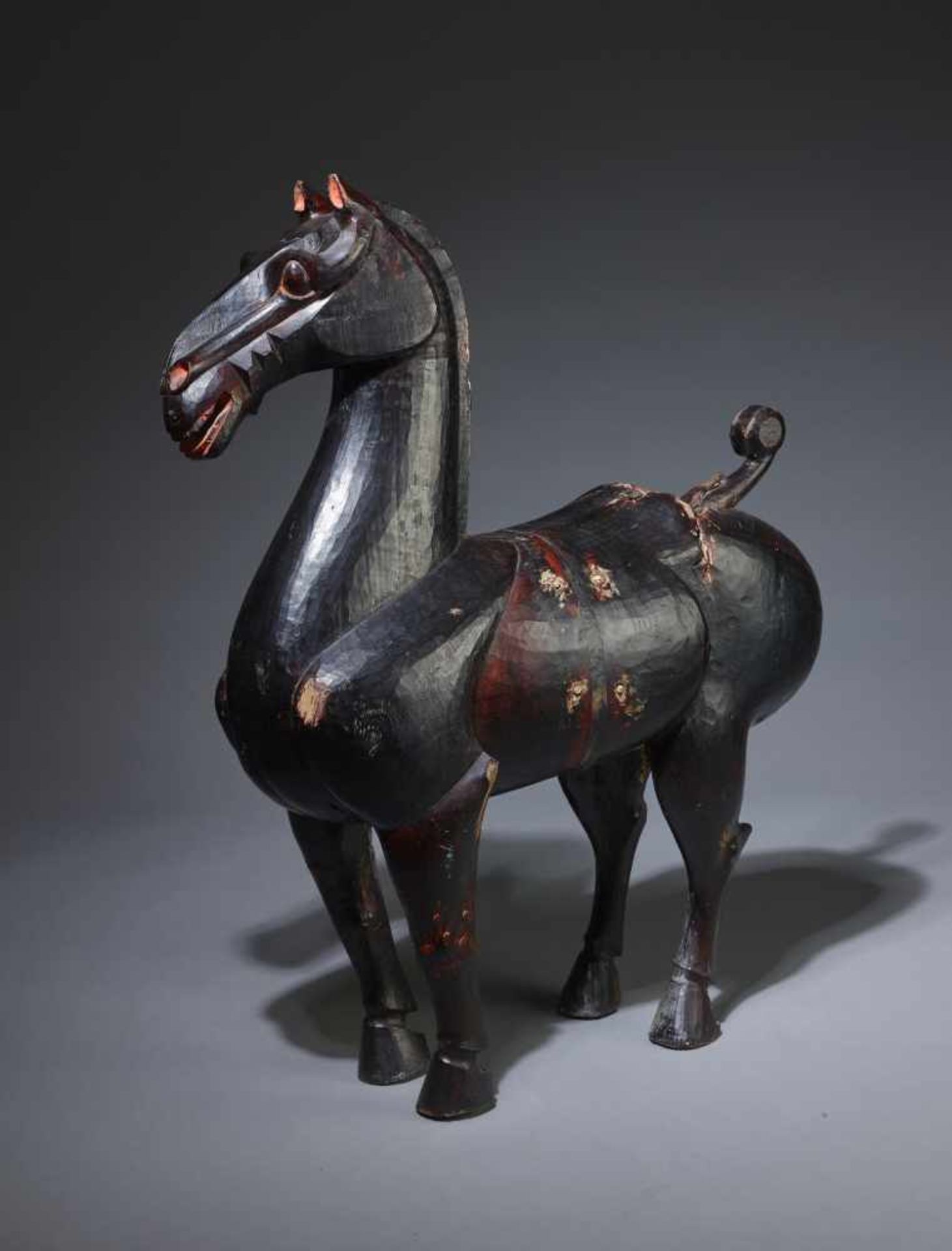 A LARGE AND MASSIVE LACQUERED WOOD STATUE OF A HORSE, SICHUAN, HAN DYNASTY Carved of two jointed - Image 3 of 15