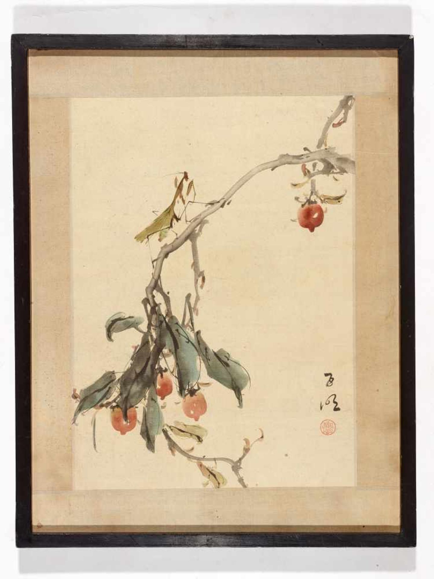 A PAINTING WITH A MANTIS ON A FRUITING BRANCH OF POMEGRANATEInk and colors on paper. Japan, 19th - Image 2 of 6