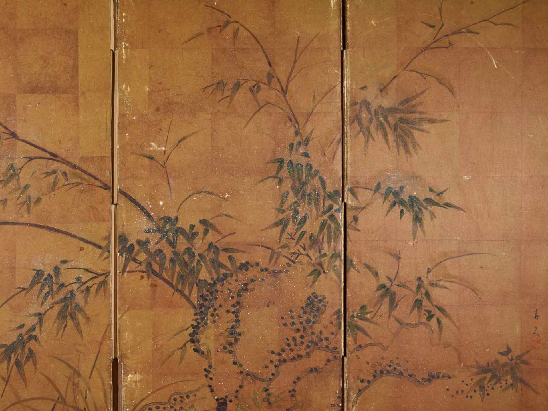 A FOUR PANEL STANDING SCREEN WITH BAMBOOWood, ink and color on paper, brass fittingsJapan, 19th - Image 3 of 5