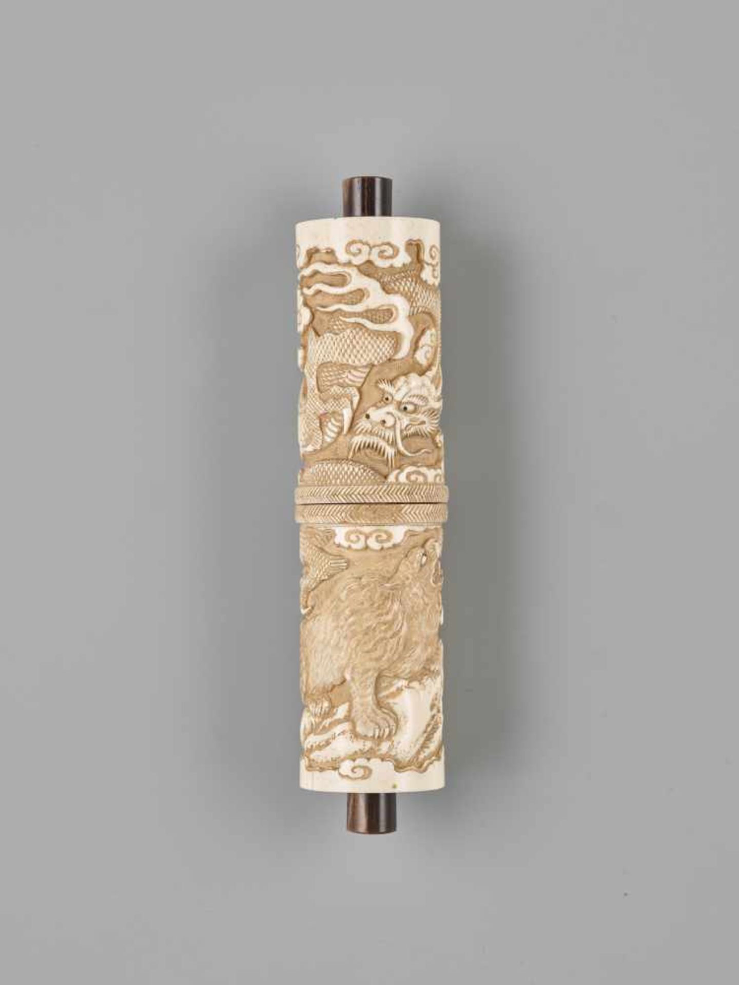 A RARE JAPANESE STAG ANTLER SCROLL CASE FOR A BUDDHIST SUTRA WITH DRAGON AND TIGERStag antler with - Image 3 of 12