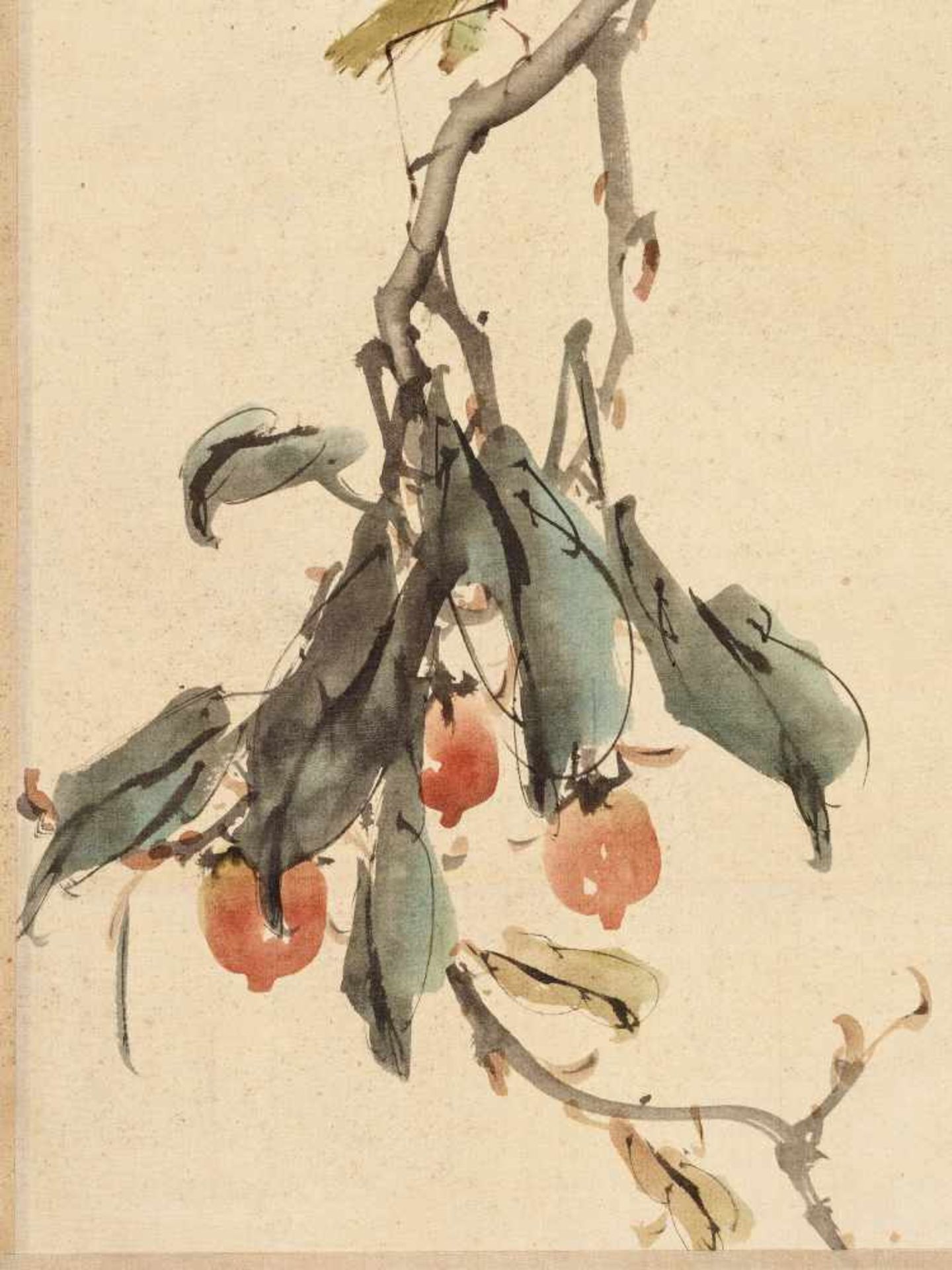 A PAINTING WITH A MANTIS ON A FRUITING BRANCH OF POMEGRANATEInk and colors on paper. Japan, 19th - Image 3 of 6