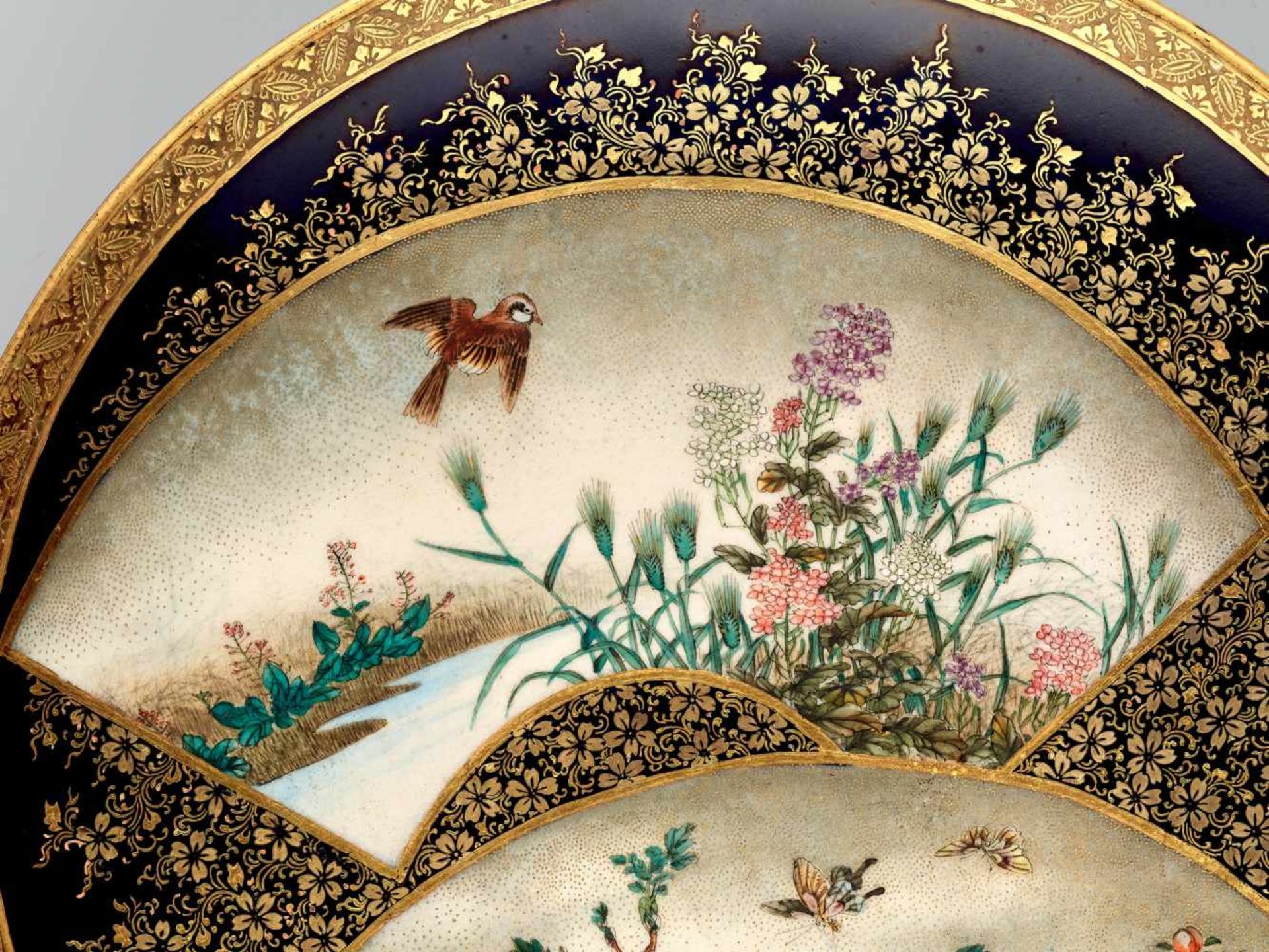 A FINE SATSUMA PLATE BY KINKOZAN DEPICTING BLOSSOMS, BUTTERFLIES AND SPARROWSatsuma ceramicJapan, - Image 2 of 8