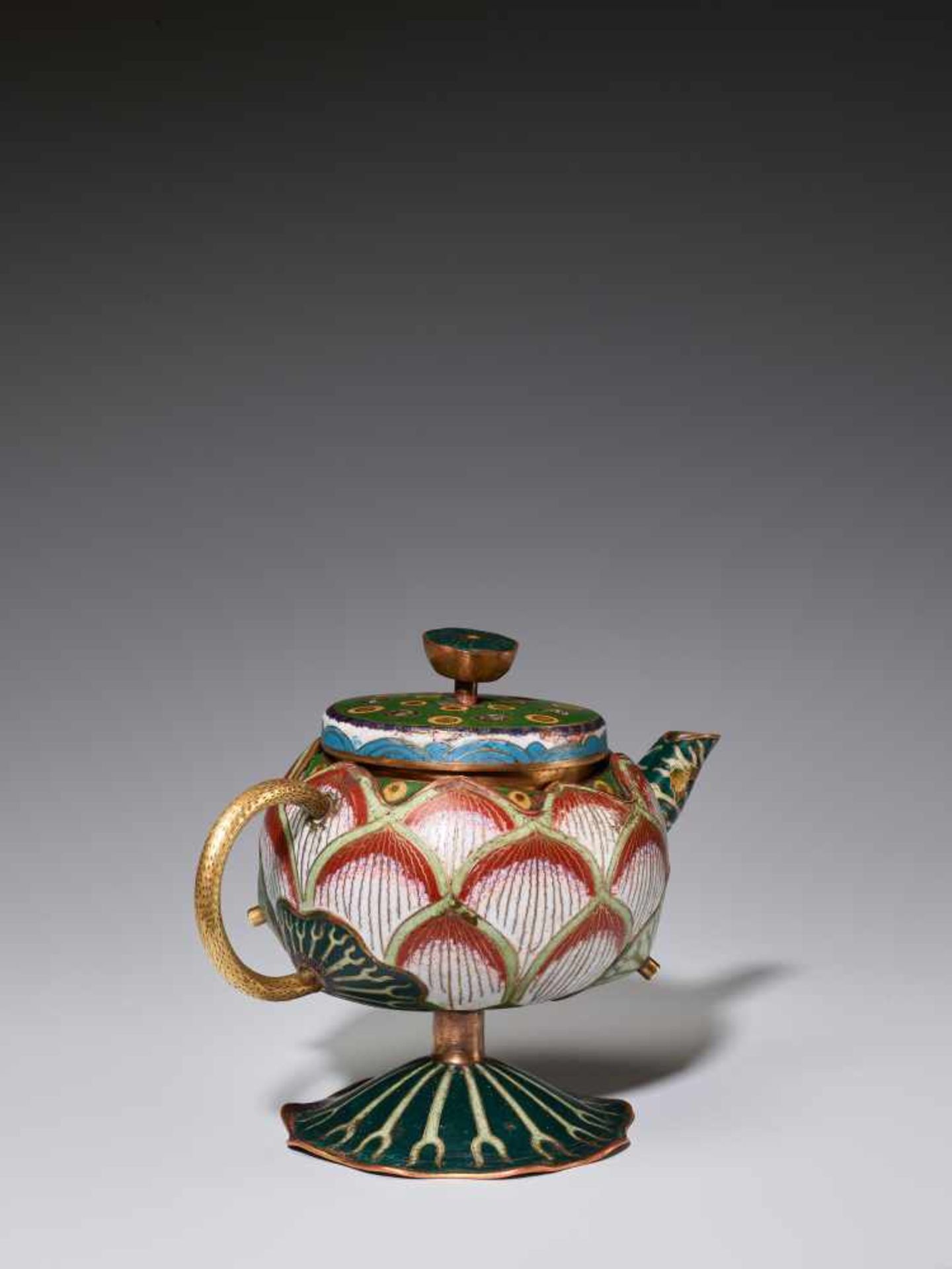 A EXTREMELY RARE CLOISONNE ENAMEL LOTUS-LEAF FORM EWER, 18TH CENTURYFire gilt and incised bronze, - Image 5 of 11