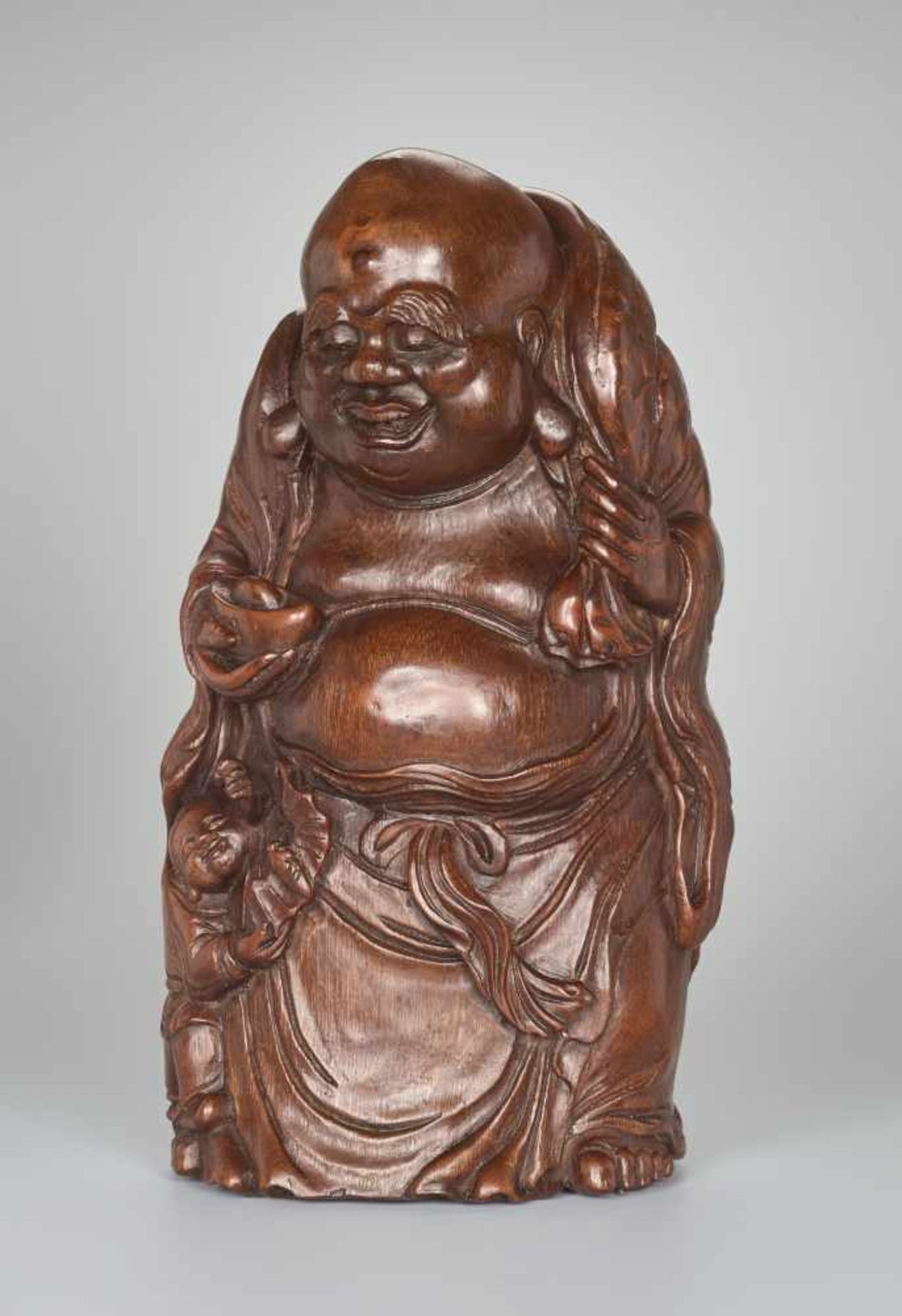 A VERY LARGE BAMBOO SHOOT CARVING OF BUDAI WITH INGOT, QING DYNASTYBamboo root China, Qing Dynasty - Image 3 of 9