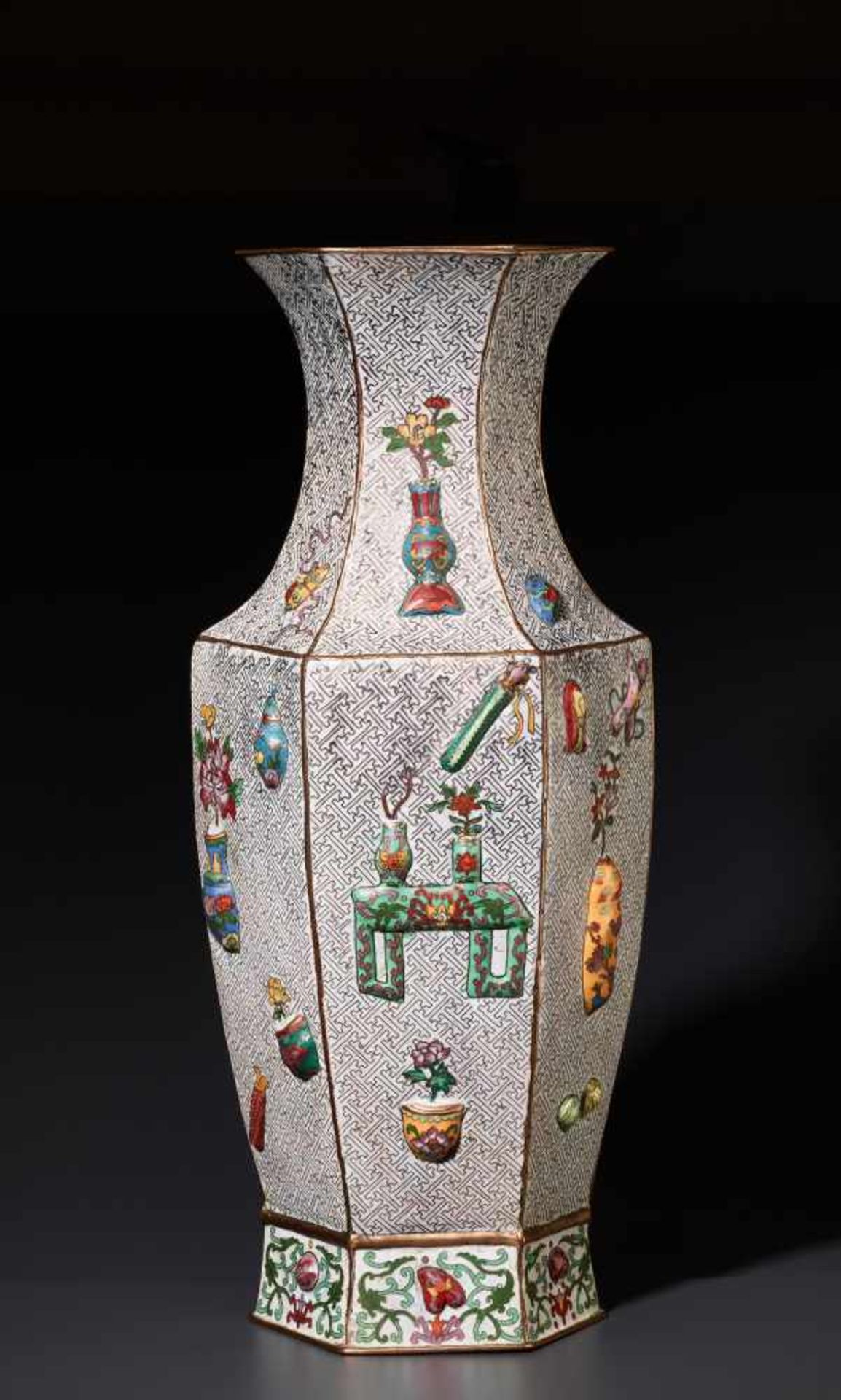 A LARGE MOLDED CLOISONNE FLOOR VASE WITH LITERATI TREASURES, QING DYNASTY Cloisonné enamel on