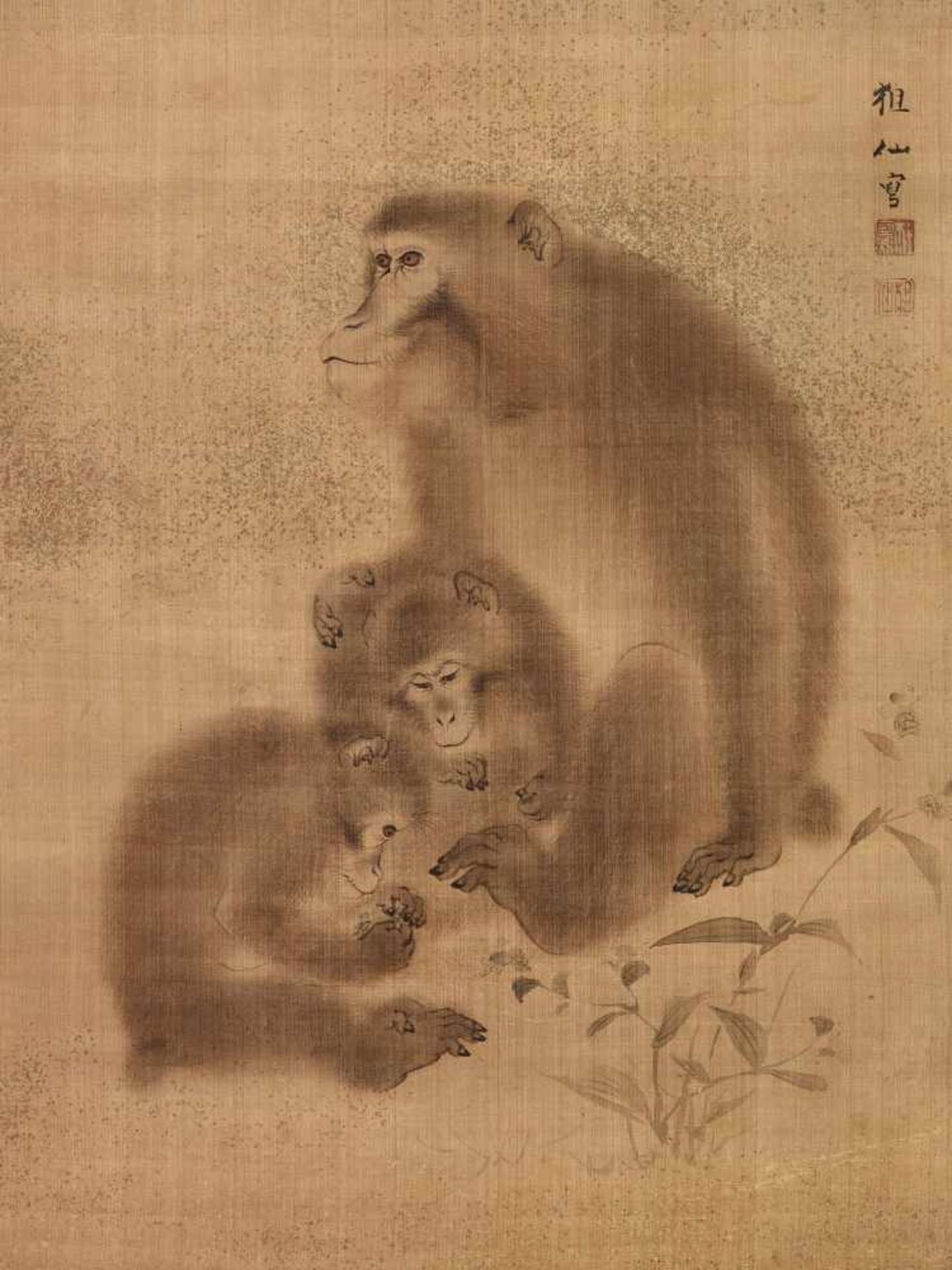 A KAKEJIKU OF MONKEYS BY MORI SOSEN (1747-1821)Ink and color on silkJapan, late 18th – early 19th