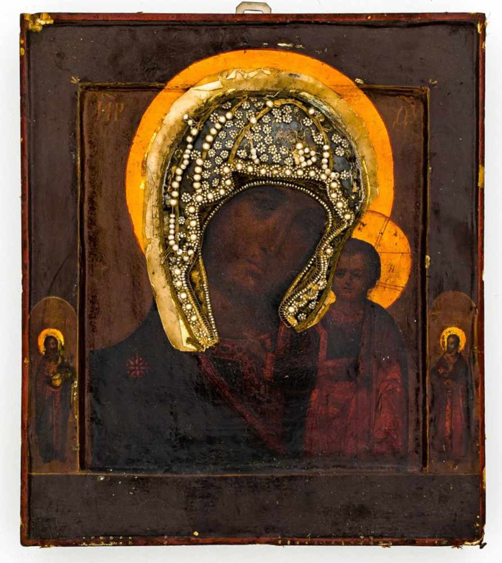 Gottesmutter von Kasan Russische Ikone mit vergoldetem Silberoklad (438g), 18. Jh. 31 (36,5) x 27, - Bild 2 aus 3