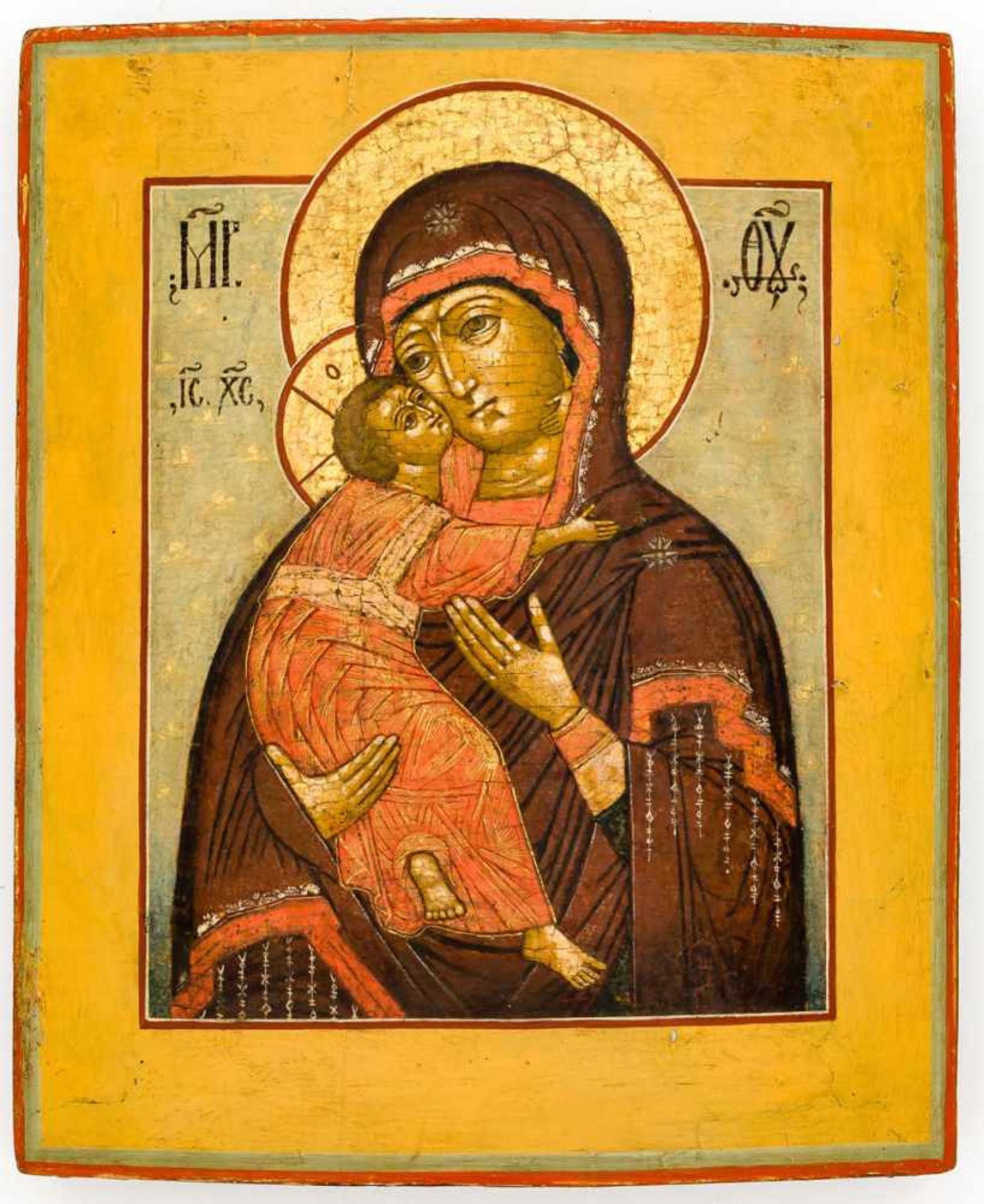 Gottesmutter von Vladimir Russische Ikone, um 1800 32 x 26 cm Mother of God Vladimirskaya, Russian