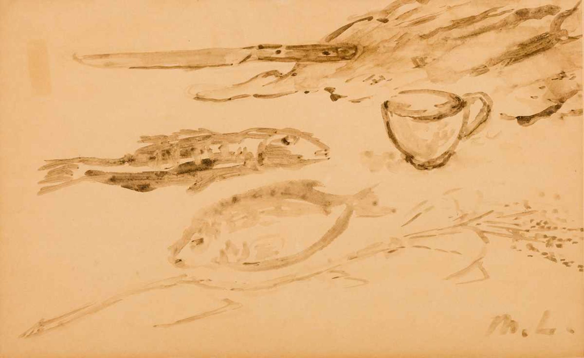 Mikhail Larionov (1881-1964), zugeschrieben Stillleben mit Fischen Wasserfarben / Papier,