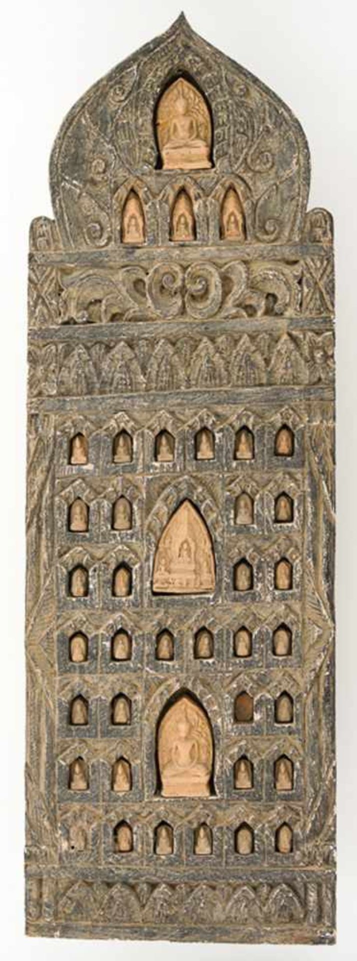 Buddhistische Stele Holz und Stein, 20. Jh. 107 x 34,5 cm Buddhist stele, wood and stone, 20th c.,