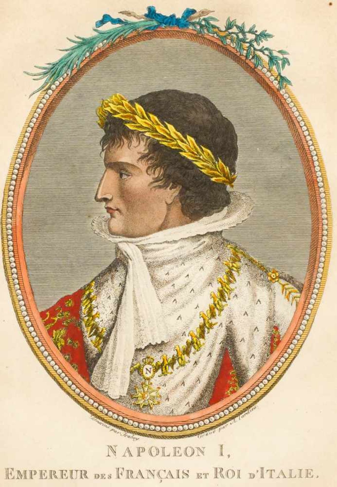 Napoleon I Kolorierte Lithographie von A. Tardieu nach Isebey, 19. Jh. 17 x 11 cm, Rahmen: 27 x 19,5