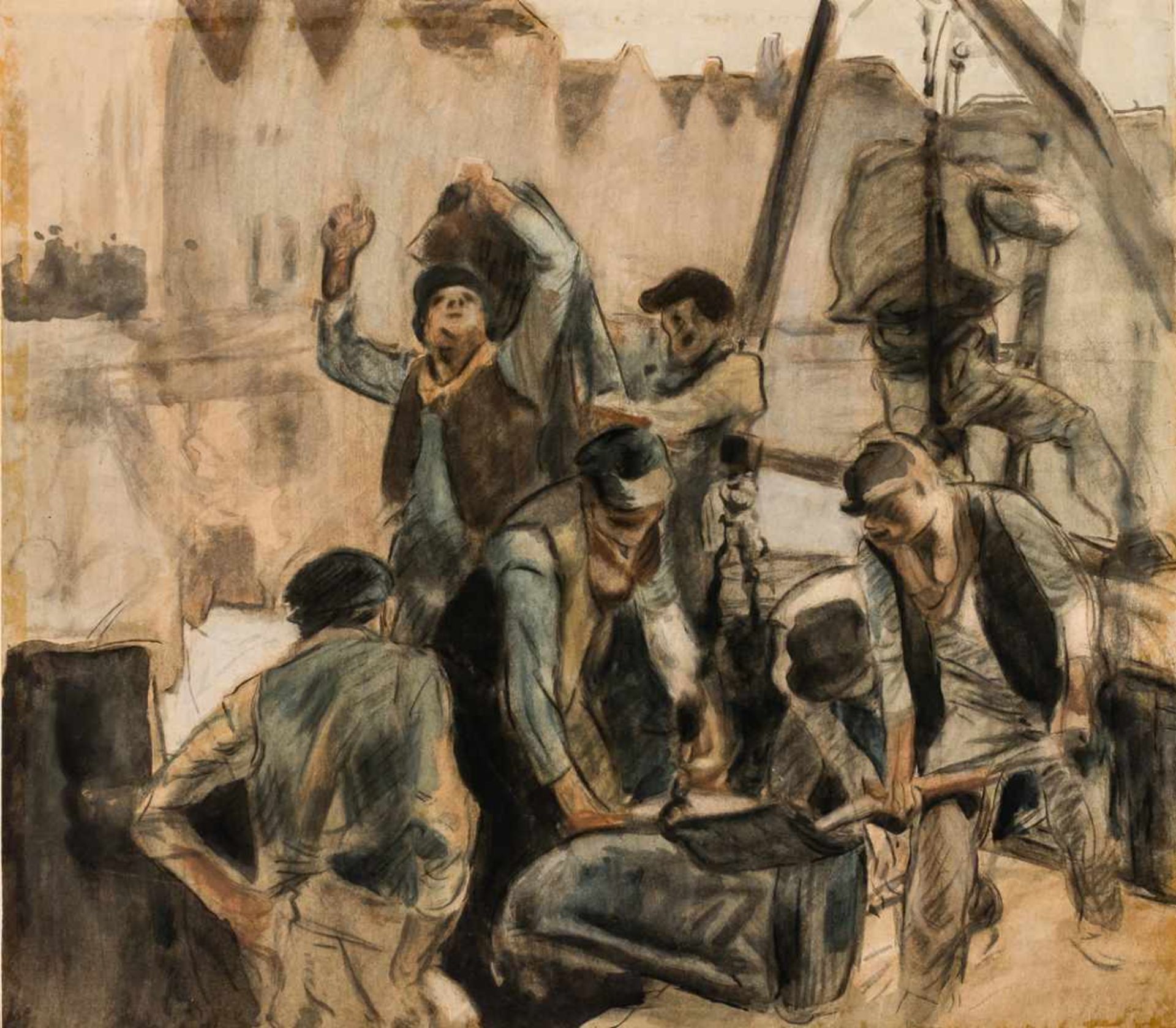 Sir Frank Brangwyn (1867-1956), zugeschrieben Arbeiterszene Pastell auf Papier, nicht signiert 36,