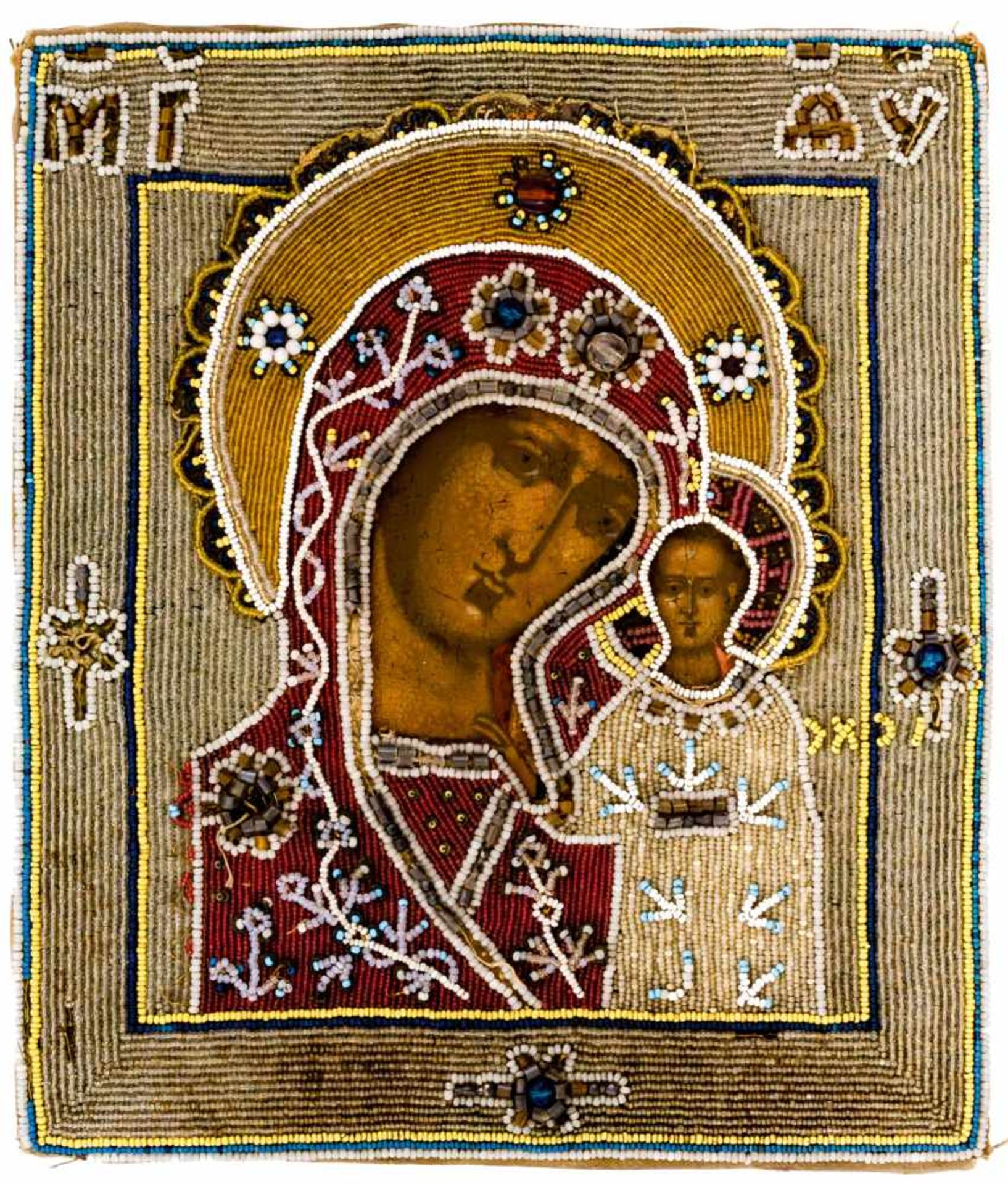 Gottesmutter von Kasan Russische Ikone mit gestickter Riza, 19. Jh. 33,5 x 28,5 cm Mother of God