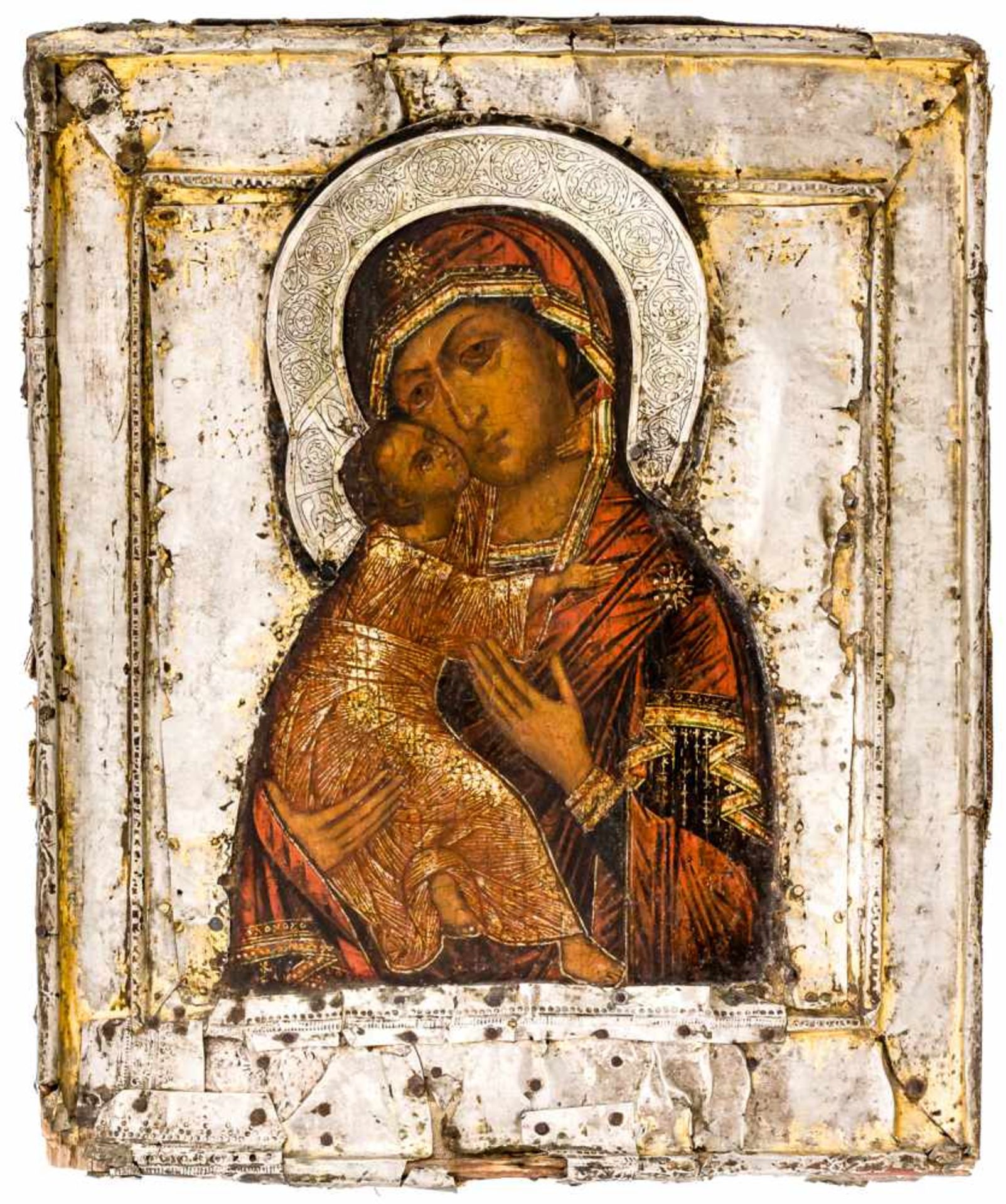 Gottesmutter von Vladimir Russische Ikone mit Silberoklad, 17. Jh. 31 x 27 cm Mother of God