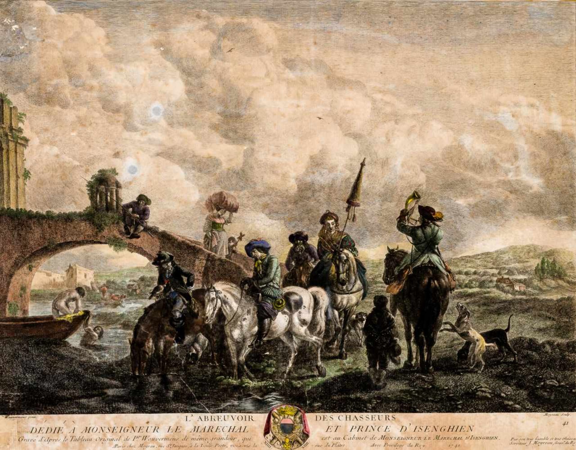 L`Abreuvoir des Chasseurs Kupferstich von Moyreau nach dem Gemälde von Wouvermens, datiert 1741 45,5