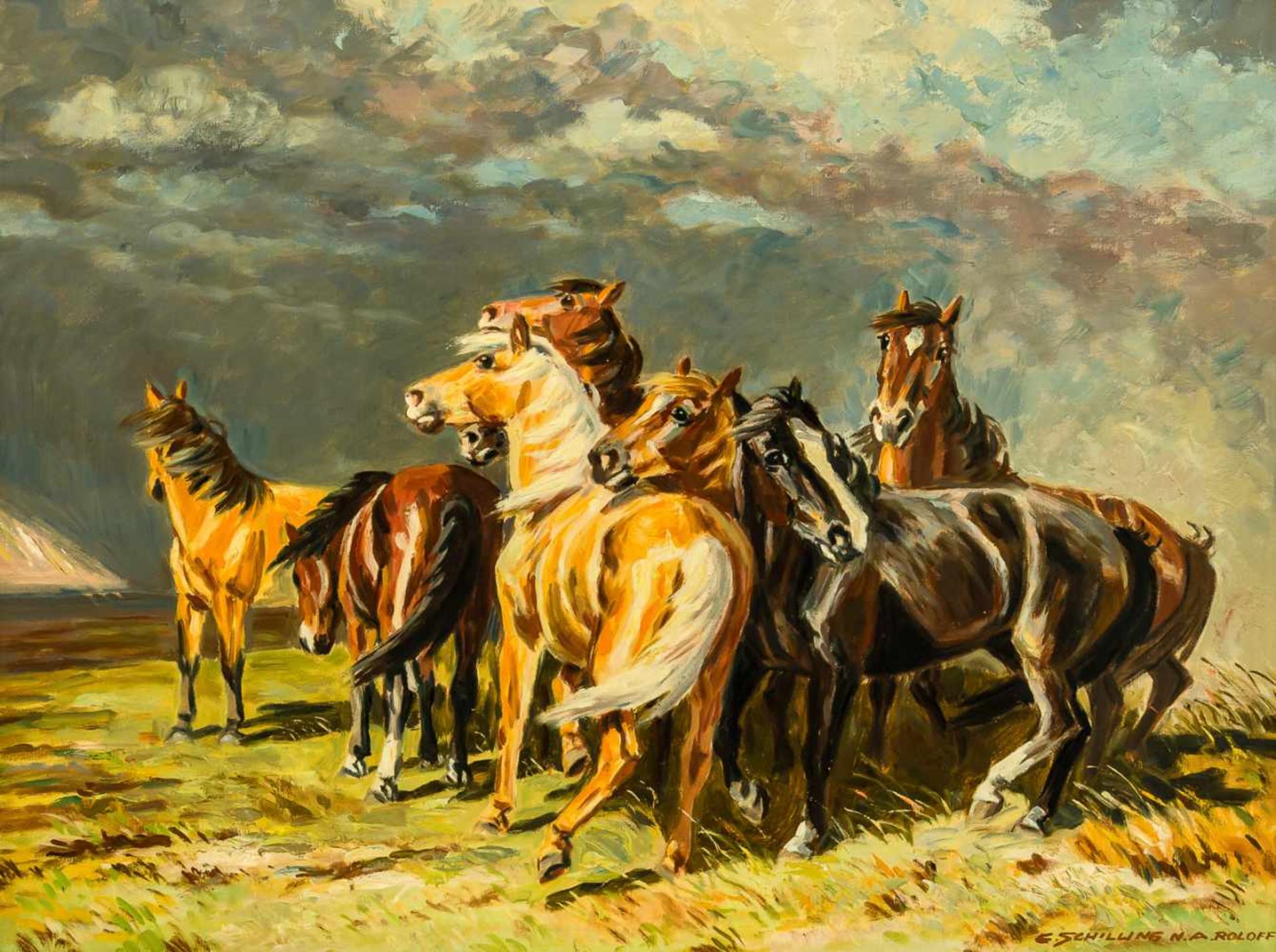 Pferde Öl / Leinwand, rechts unten signiert "E. Schilling N. A. Roloff" 60,5 x 80 cm, mit Rahmen