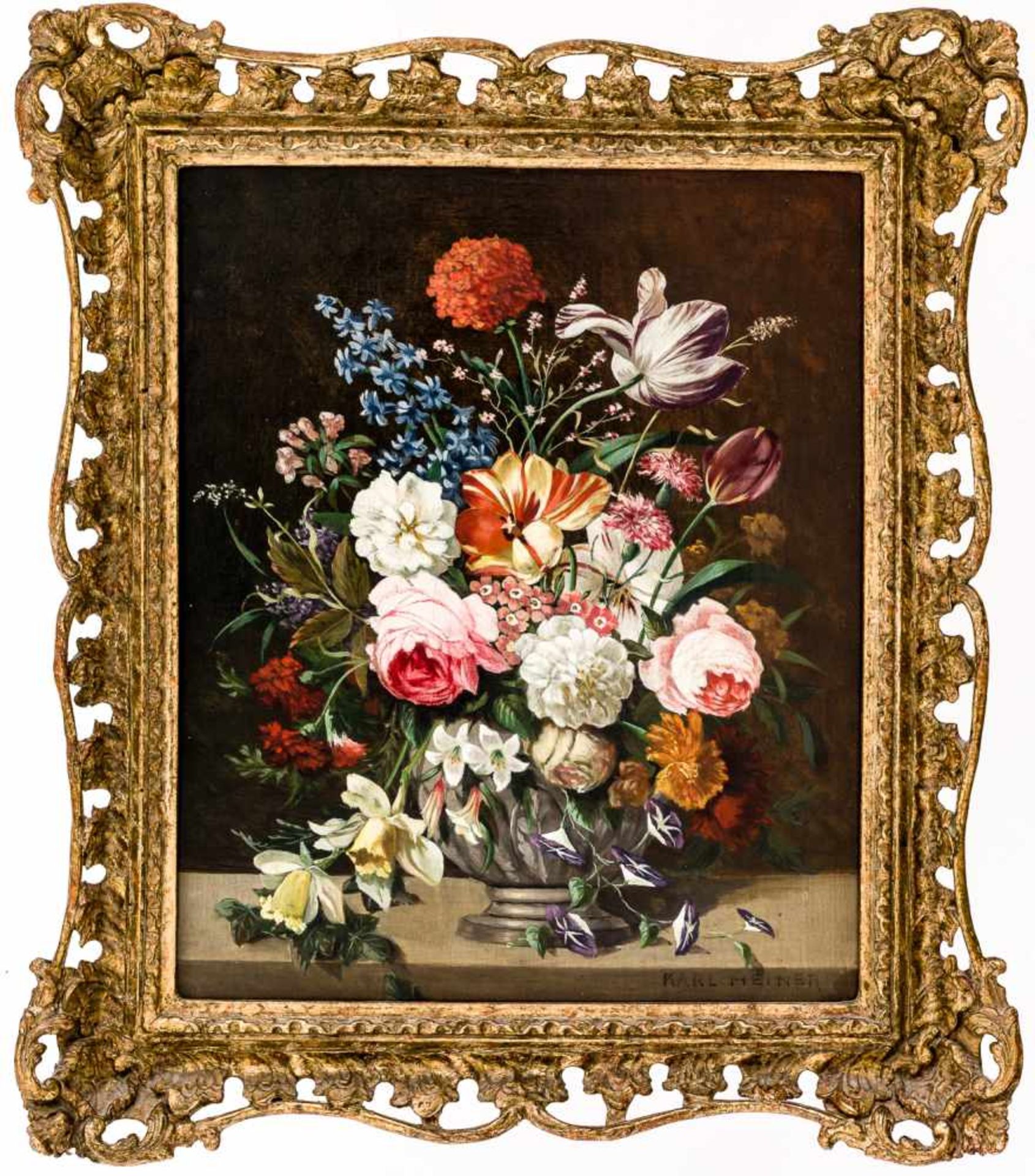 Blumenstillleben Öl / Holz, wohl um 1900, rechts unten signiert "Karl Heiner" 29 x 24,5 cm, mit - Bild 2 aus 2