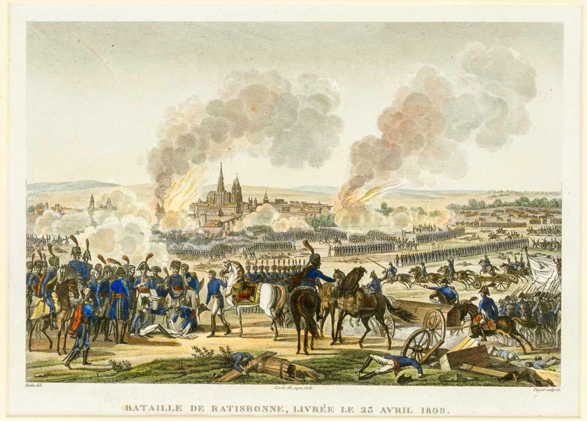 Bataille de Ratisbonne, Livrée le 23 Avril 1809 Kupferstich von Pigeot nach Roèn, um 1820 25 x 37 cm