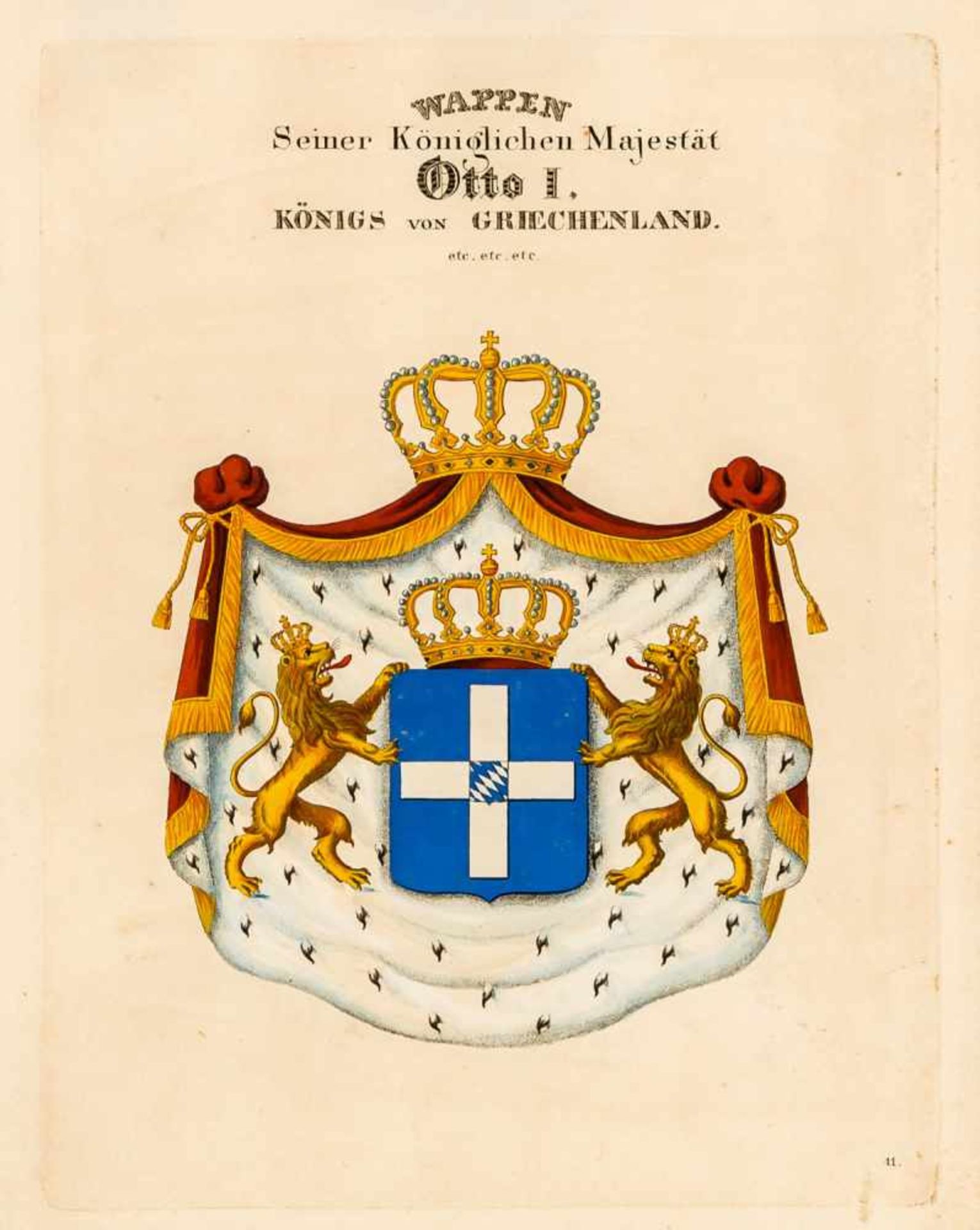 Das Königswappen Otto I. von Griechenland Altkolorierter Kupferstich, bayerisch, um 1832 29,5 x 23,5