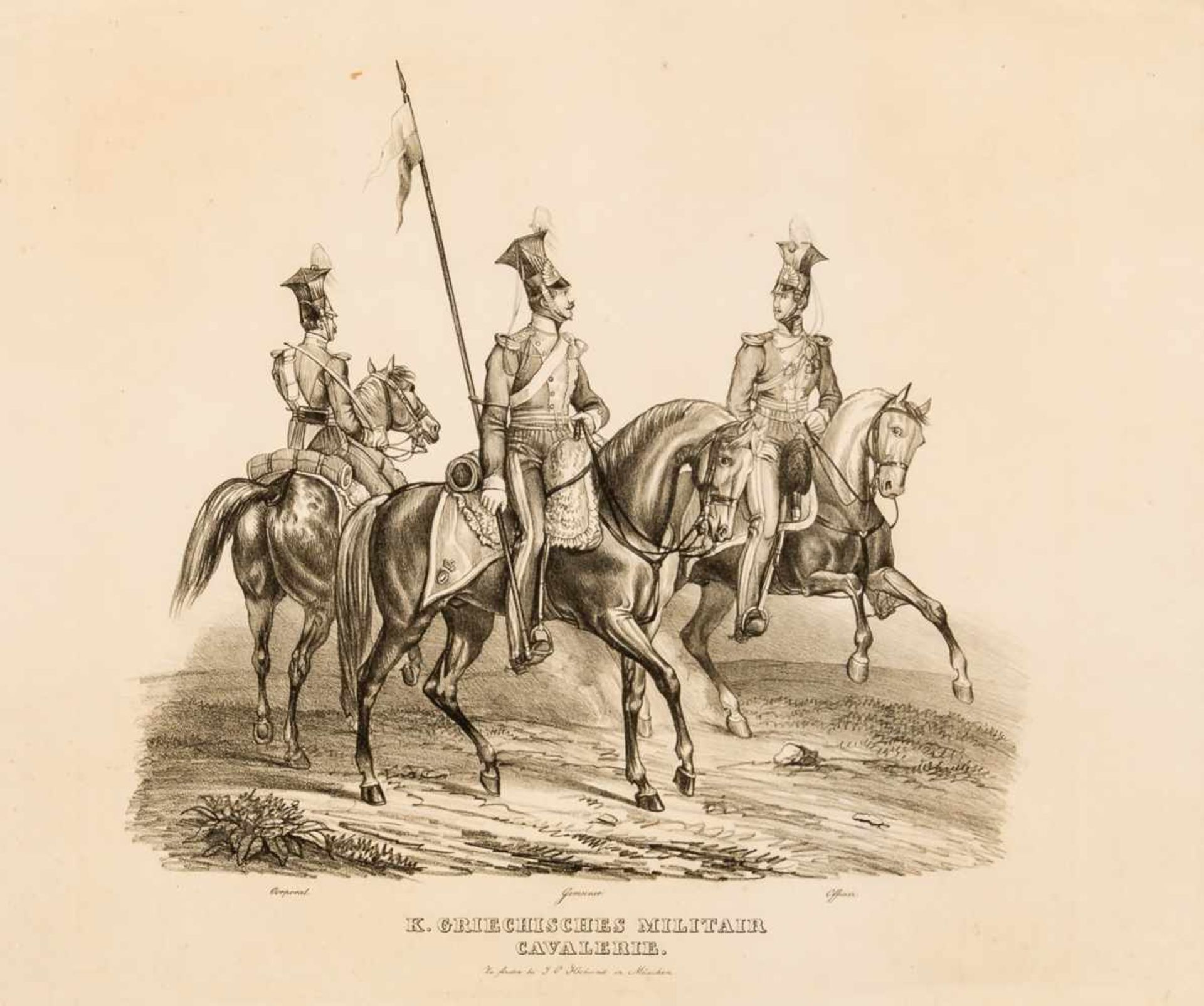 Soldaten aus König Ottos Militärkavallerie Lithographie von Gustav Kraus, München 1832 27 x 30 cm,