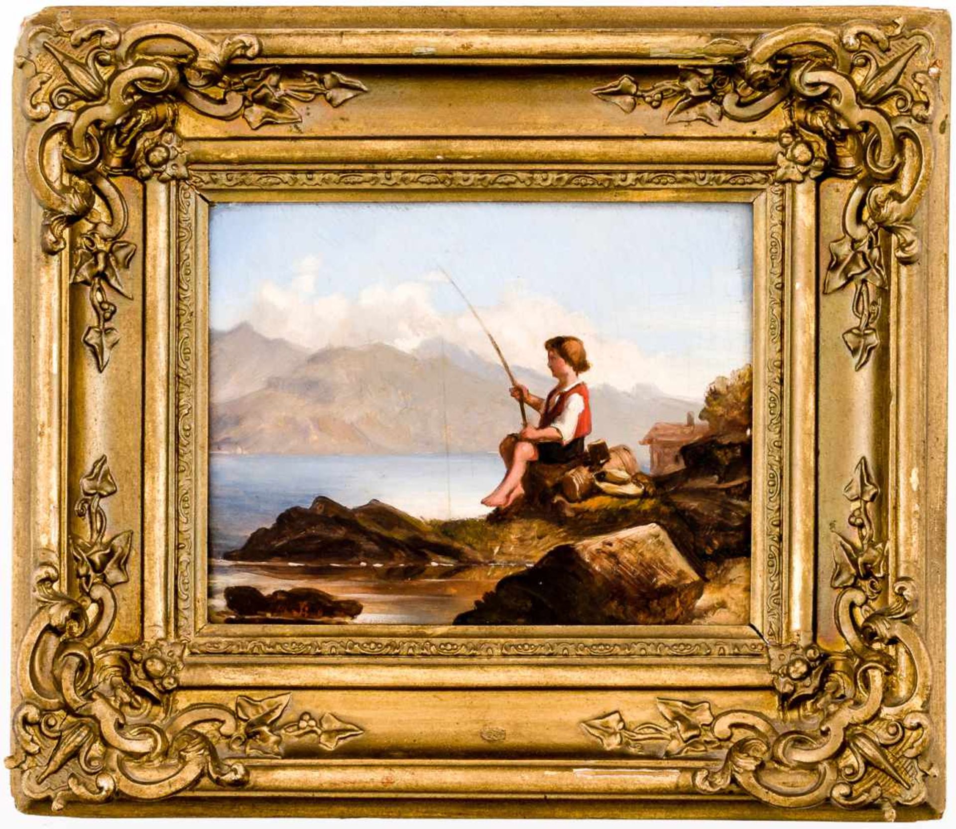 Angler Öl /Holz, links unten unleserlich signiert 14,2 x 18 cm, mit Rahmen 25,5 x 29 cm Fisher, - Bild 2 aus 2