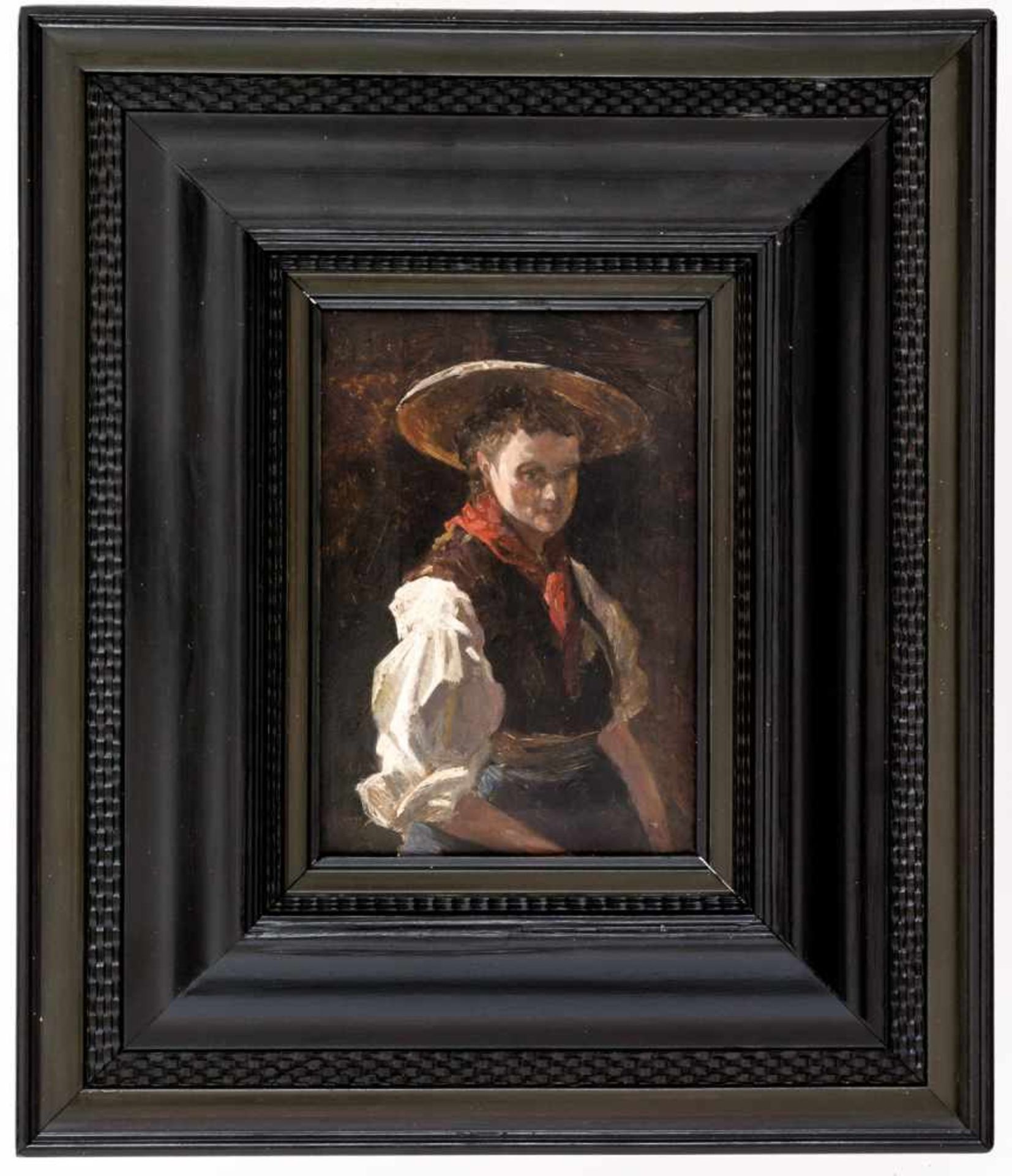 Bäuerin Öl / Holz, wohl Ende 19. Jh. 18 x 13,5 cm, mit Rahmen 37,5 x 32 cm Farmer`s wife, Oil / - Bild 2 aus 2