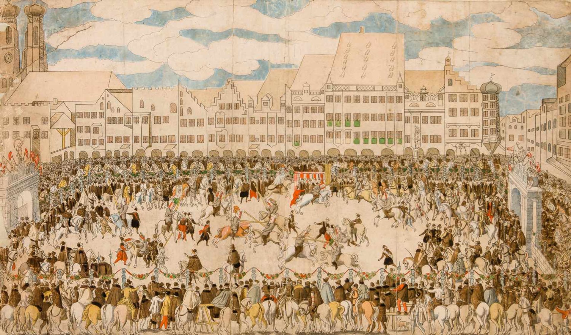 Nikolaus Solis: Ritterturnier auf dem Münchener Marienplatz Altkolorierte Radierung, wohl 1568,