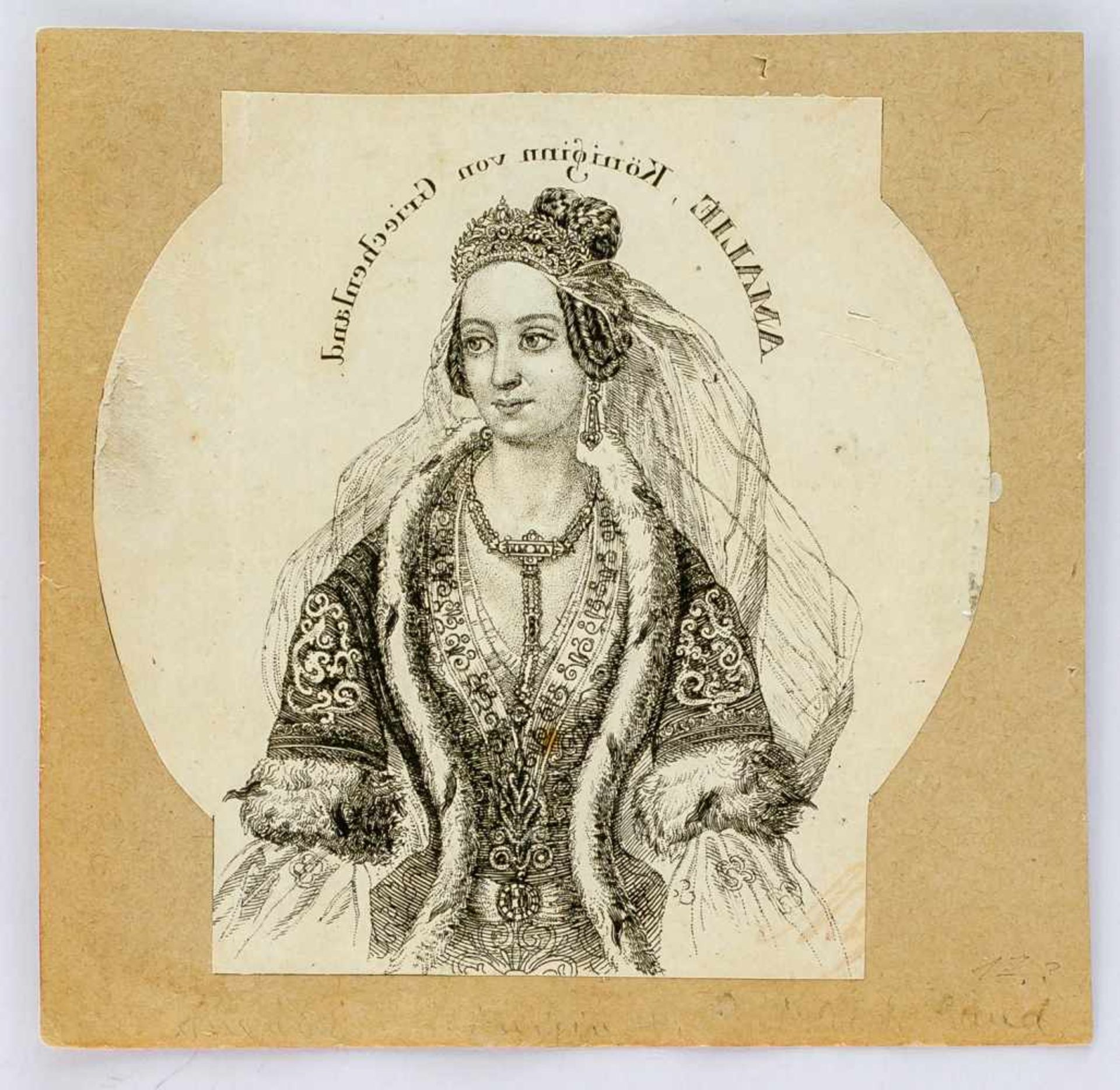 Königin Amalia Unikatkupferstich von Martin Denecker für Porzellanherstellung 8,6 x 8,9 cm Mit