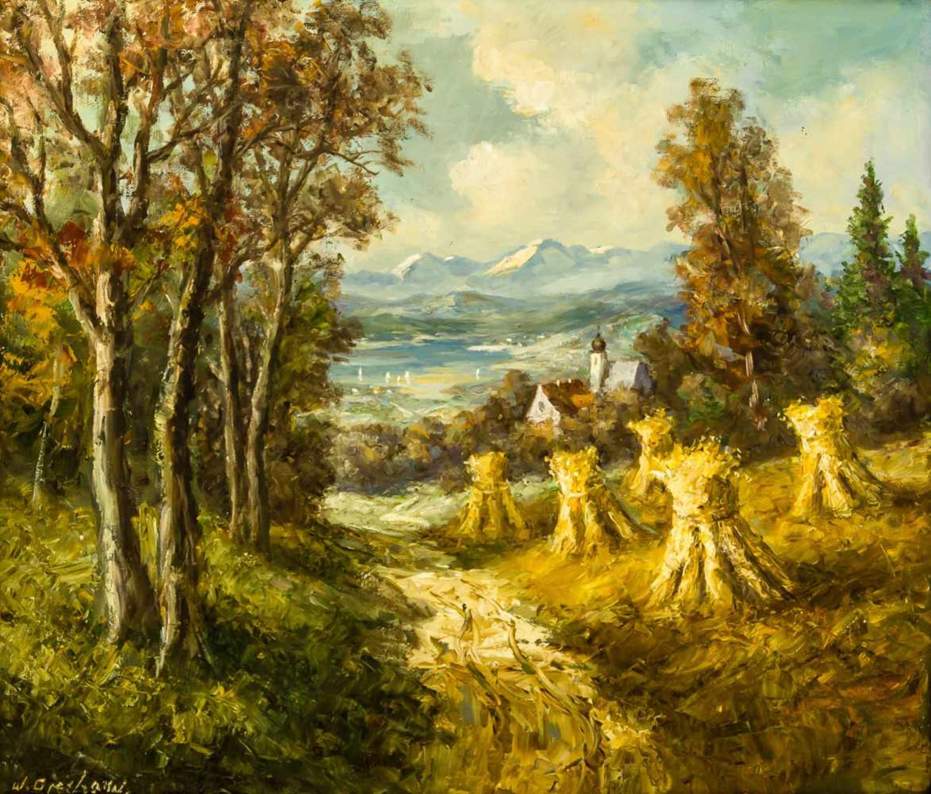 Landschaft mit Kornhocken Öl/ Leinwand, links unten "W. Grechow" signiert 60,5 x 70 cm, mit Rahmen