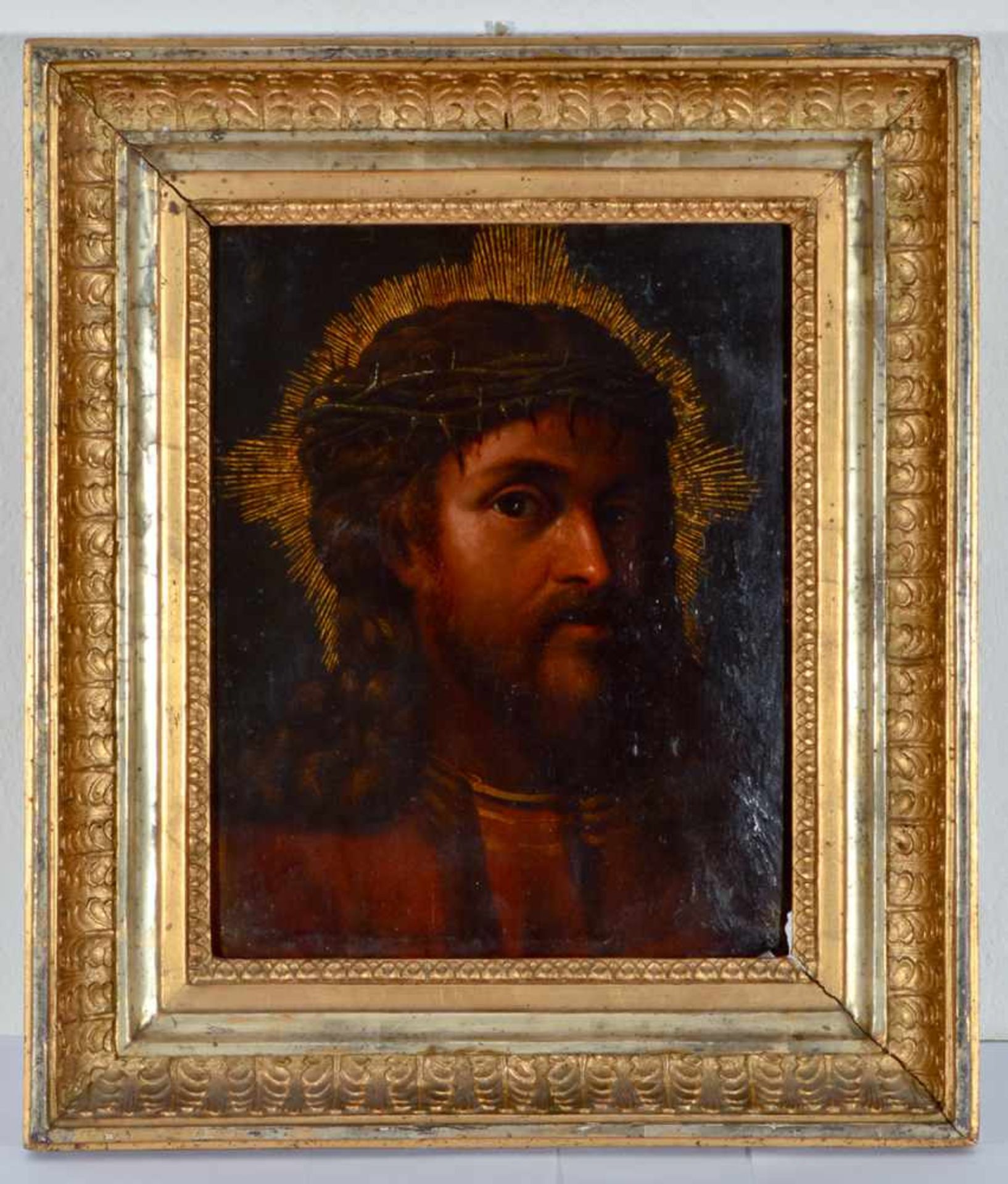 Christus Öl auf Holz, wohl 17. Jh. ca 32 x 24,5 cm, mit Rahmen 44 x 38 cm Christ, Oil / board, - Bild 2 aus 2